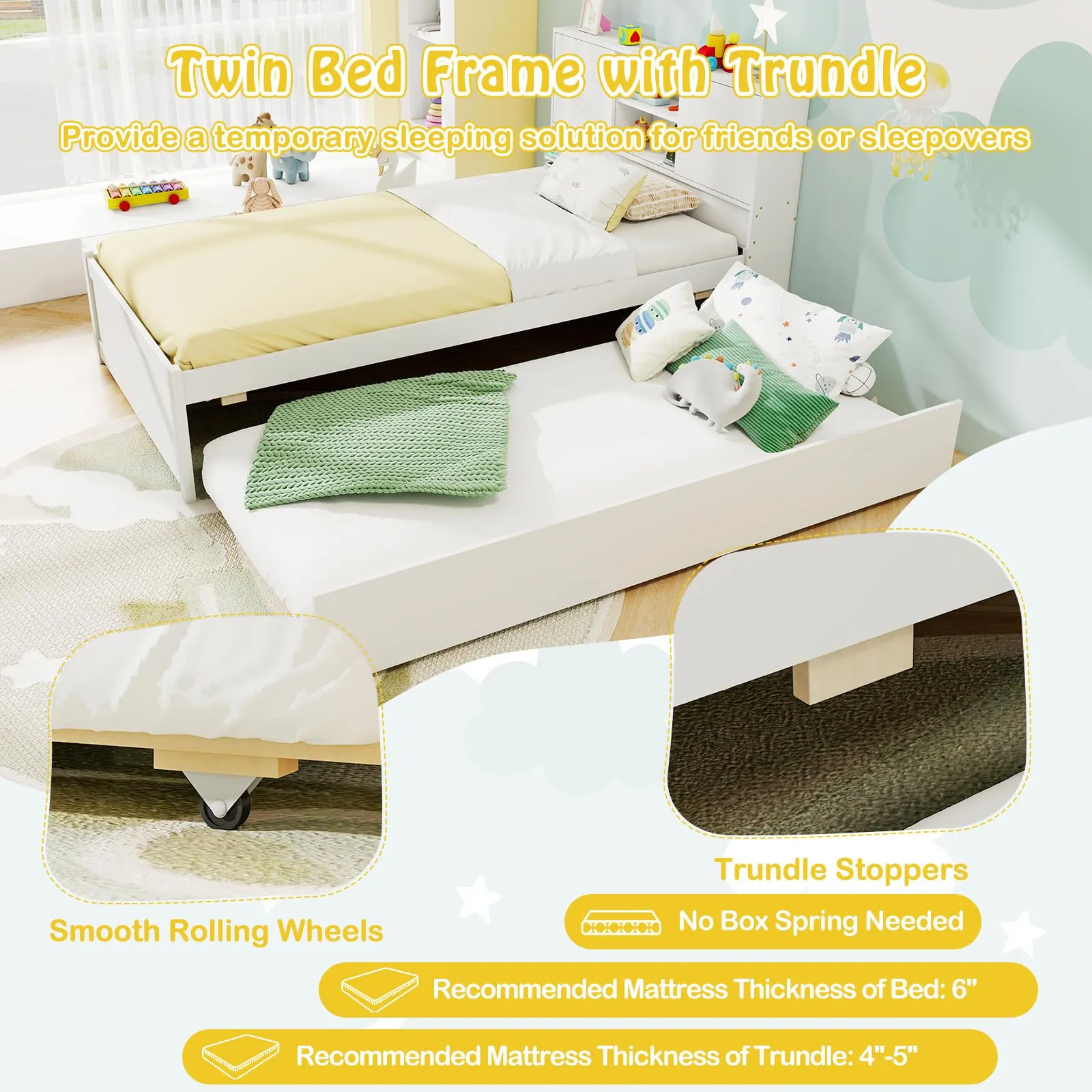 Giantex White Twin Size Bed Frame with Trundle and Bookcase Headboard