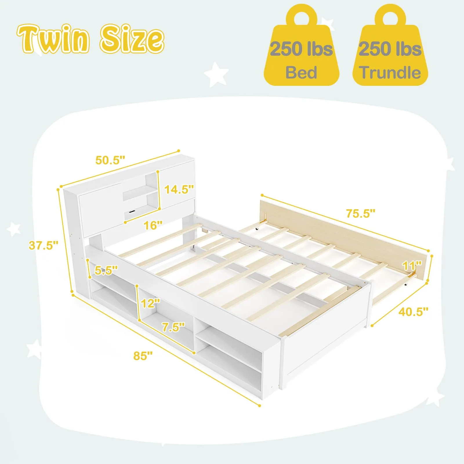 Giantex White Twin Size Bed Frame with Trundle and Bookcase Headboard