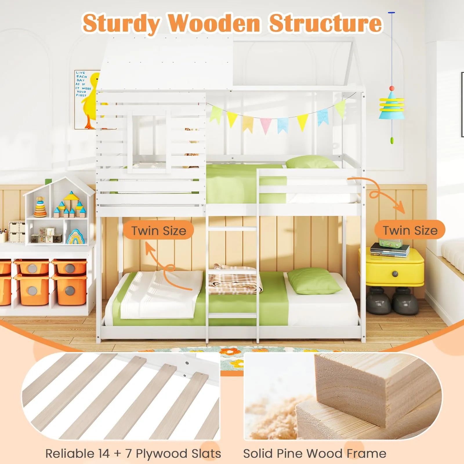 Giantex White Wood Bunk Bed Twin Over Twin with Ladder and Guardrail