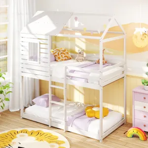 Giantex White Wood Bunk Bed Twin Over Twin with Ladder and Guardrail bed frame, queen bed