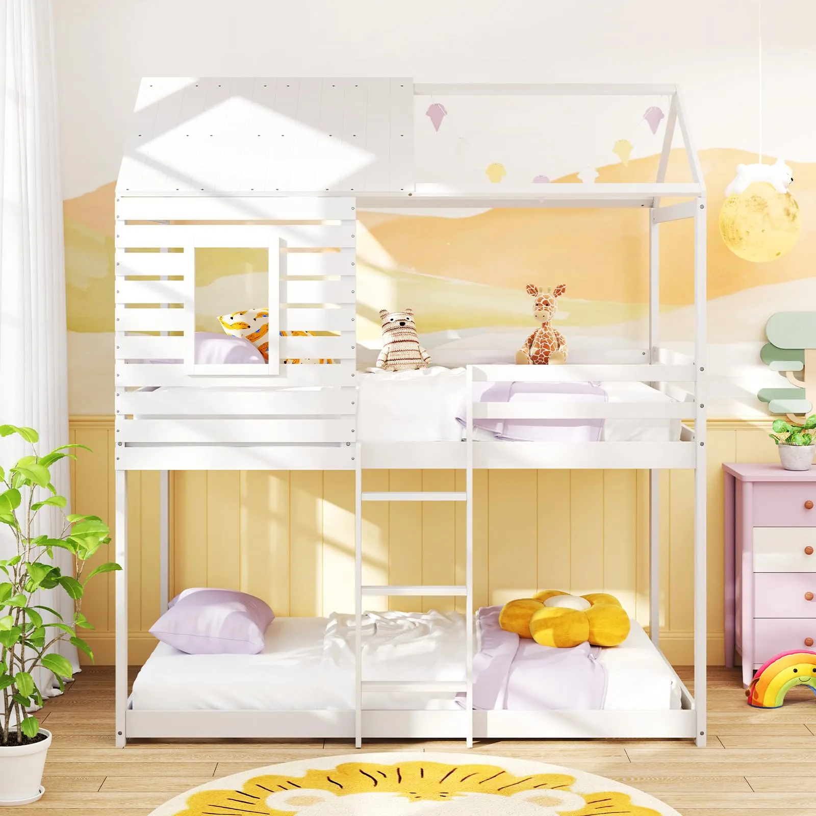 Giantex White Wood Bunk Bed Twin Over Twin with Ladder and Guardrail