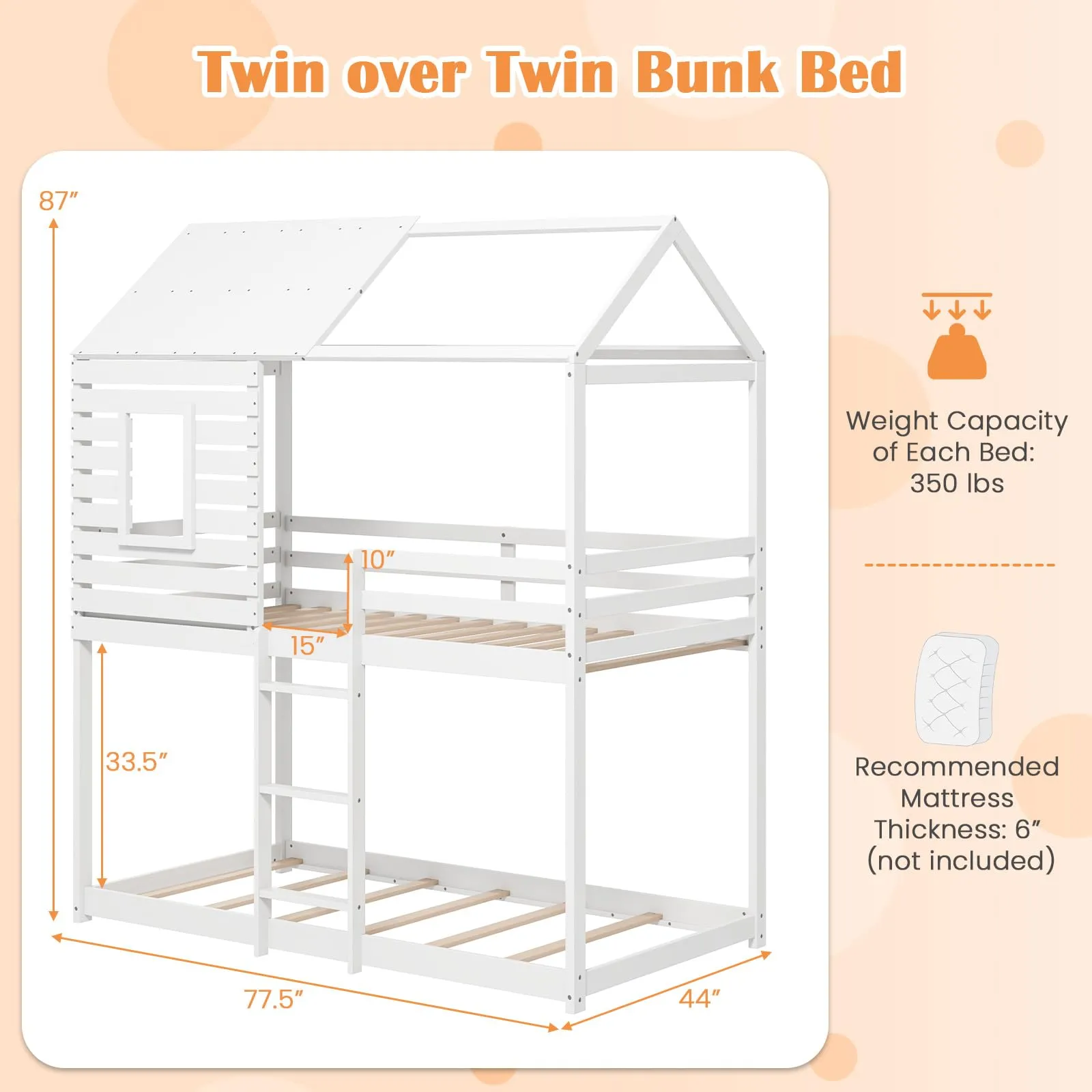 Giantex White Wood Bunk Bed Twin Over Twin with Ladder and Guardrail