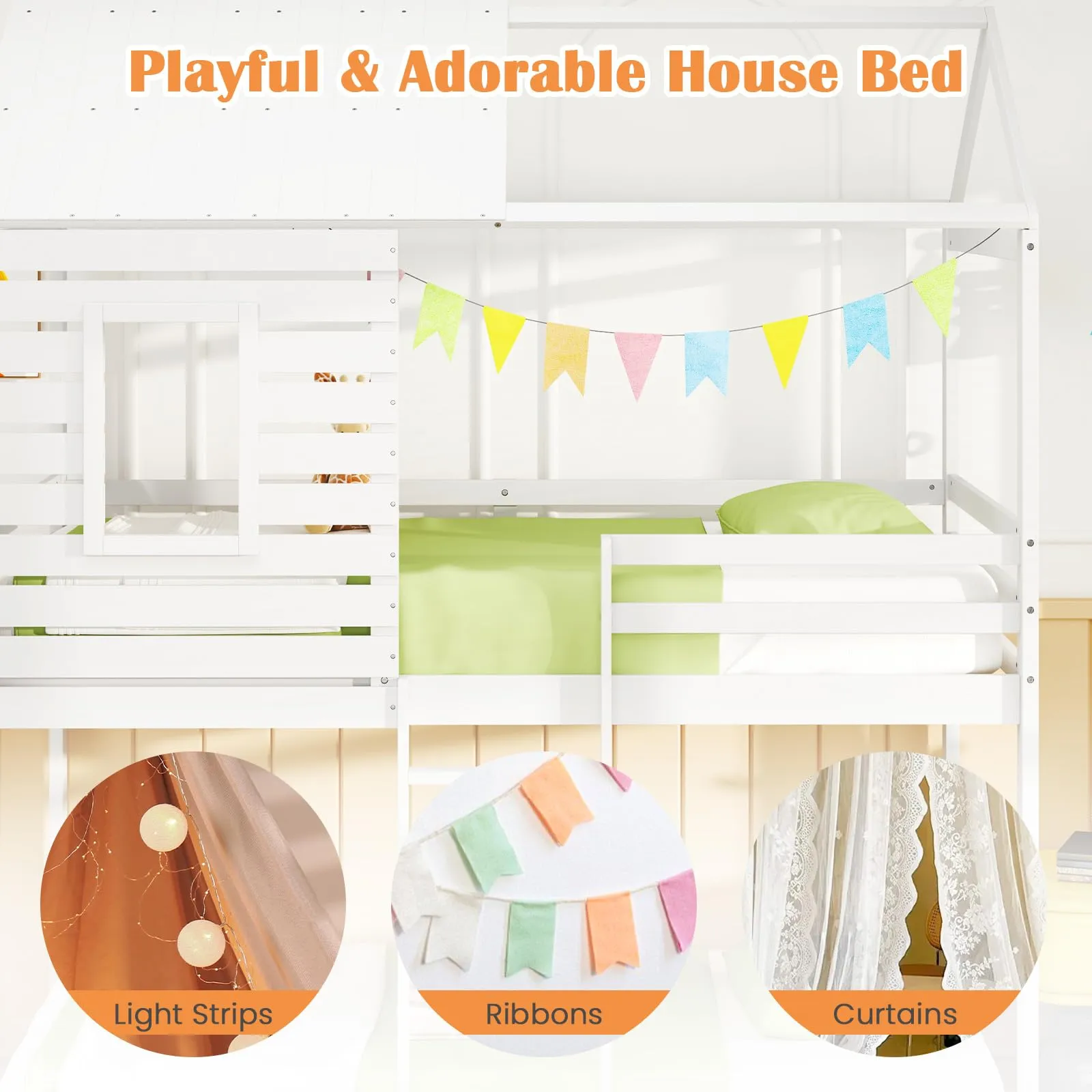 Giantex White Wood Bunk Bed Twin Over Twin with Ladder and Guardrail