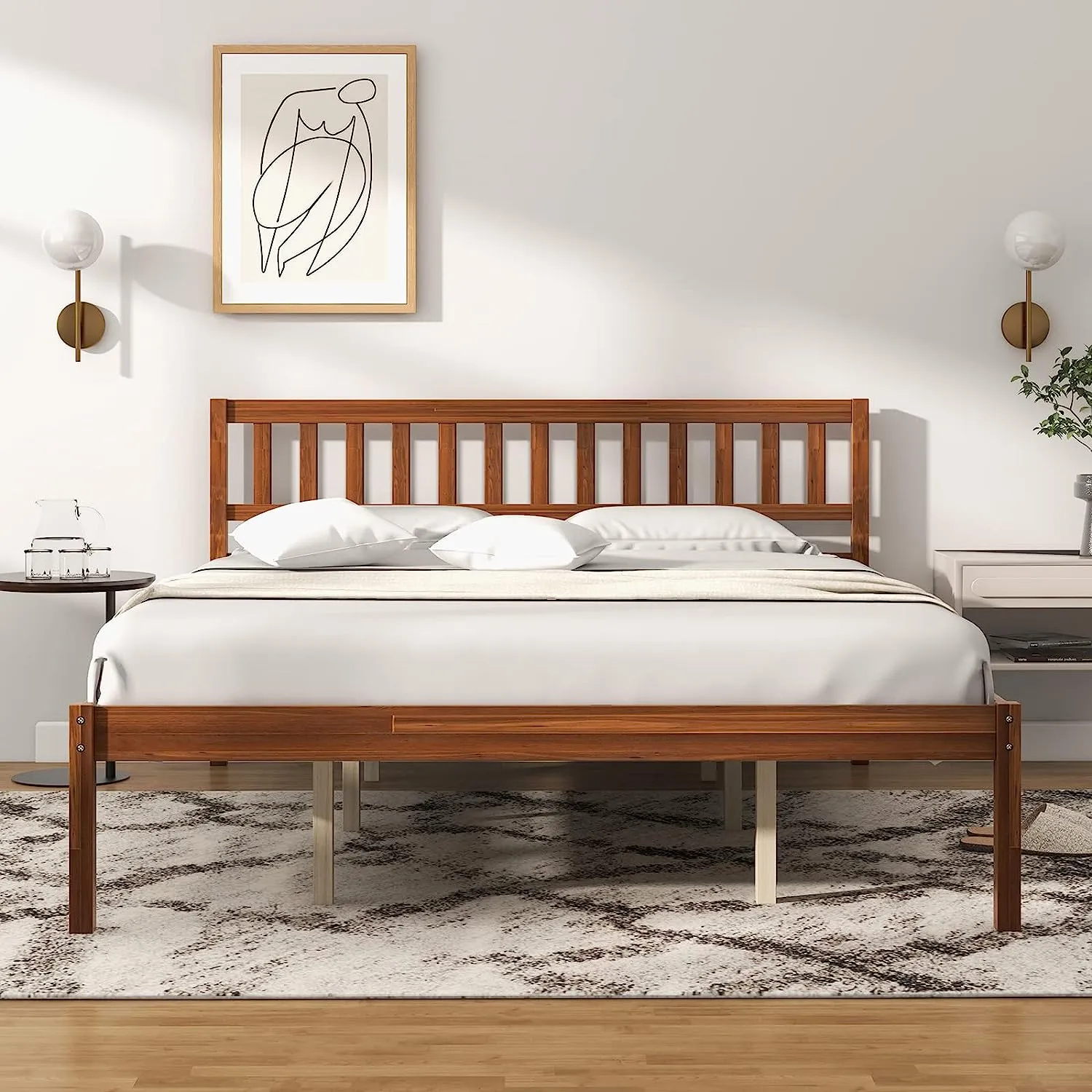 Giantex Wood Bed Frame with Headboard, Mid Century Platform Bed with Wood Slat Support, Walnut