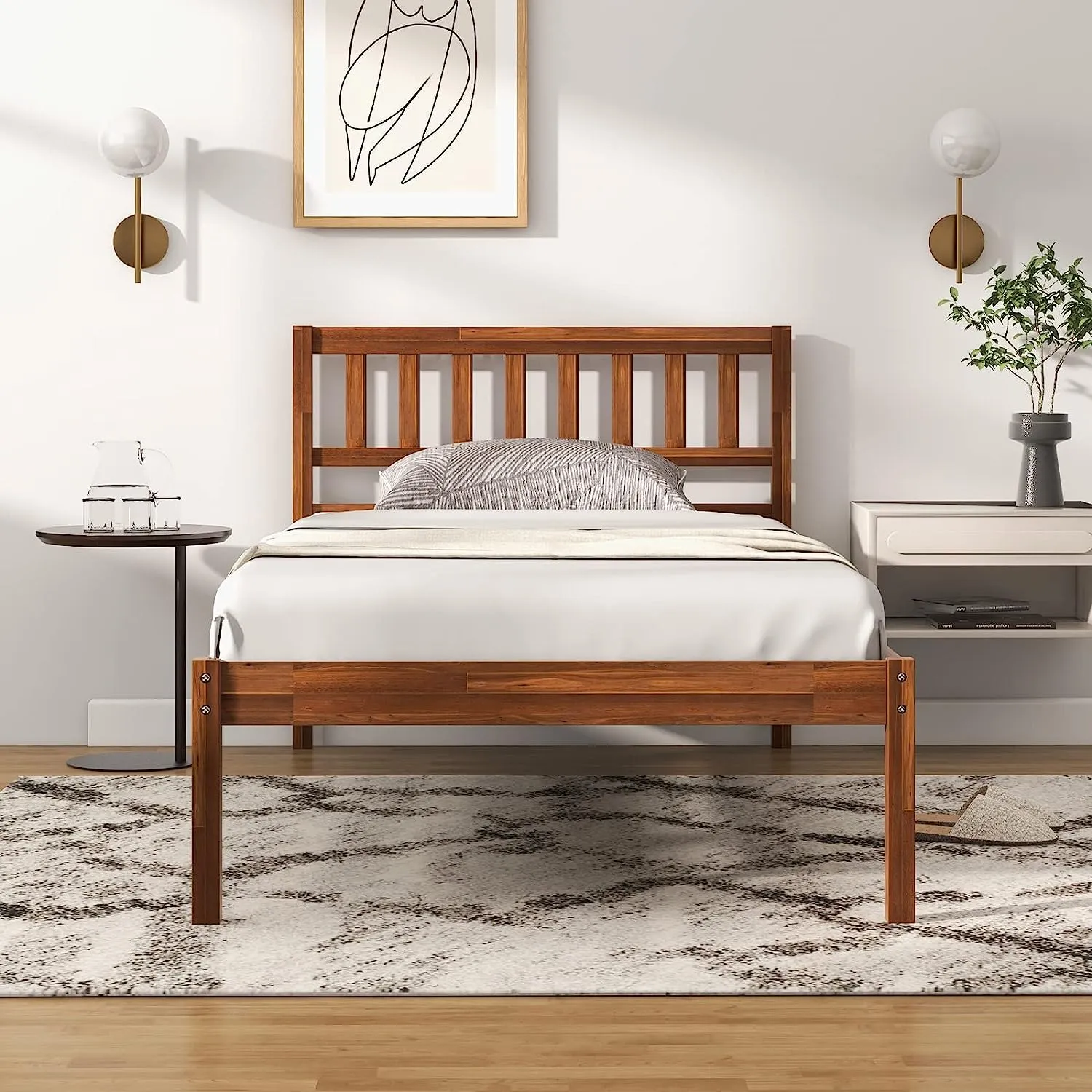 Giantex Wood Bed Frame with Headboard, Mid Century Platform Bed with Wood Slat Support, Walnut