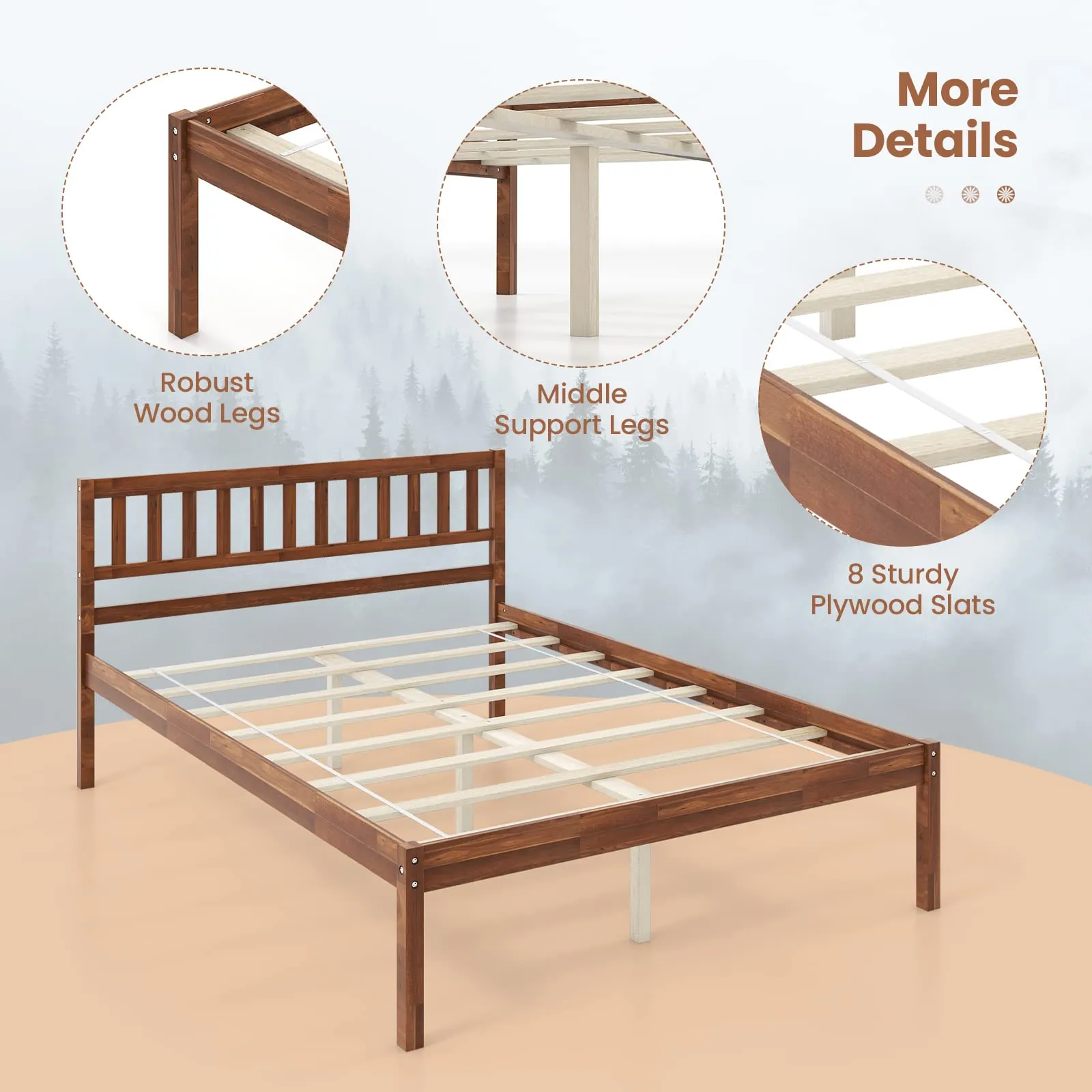 Giantex Wood Bed Frame with Headboard, Mid Century Platform Bed with Wood Slat Support, Walnut