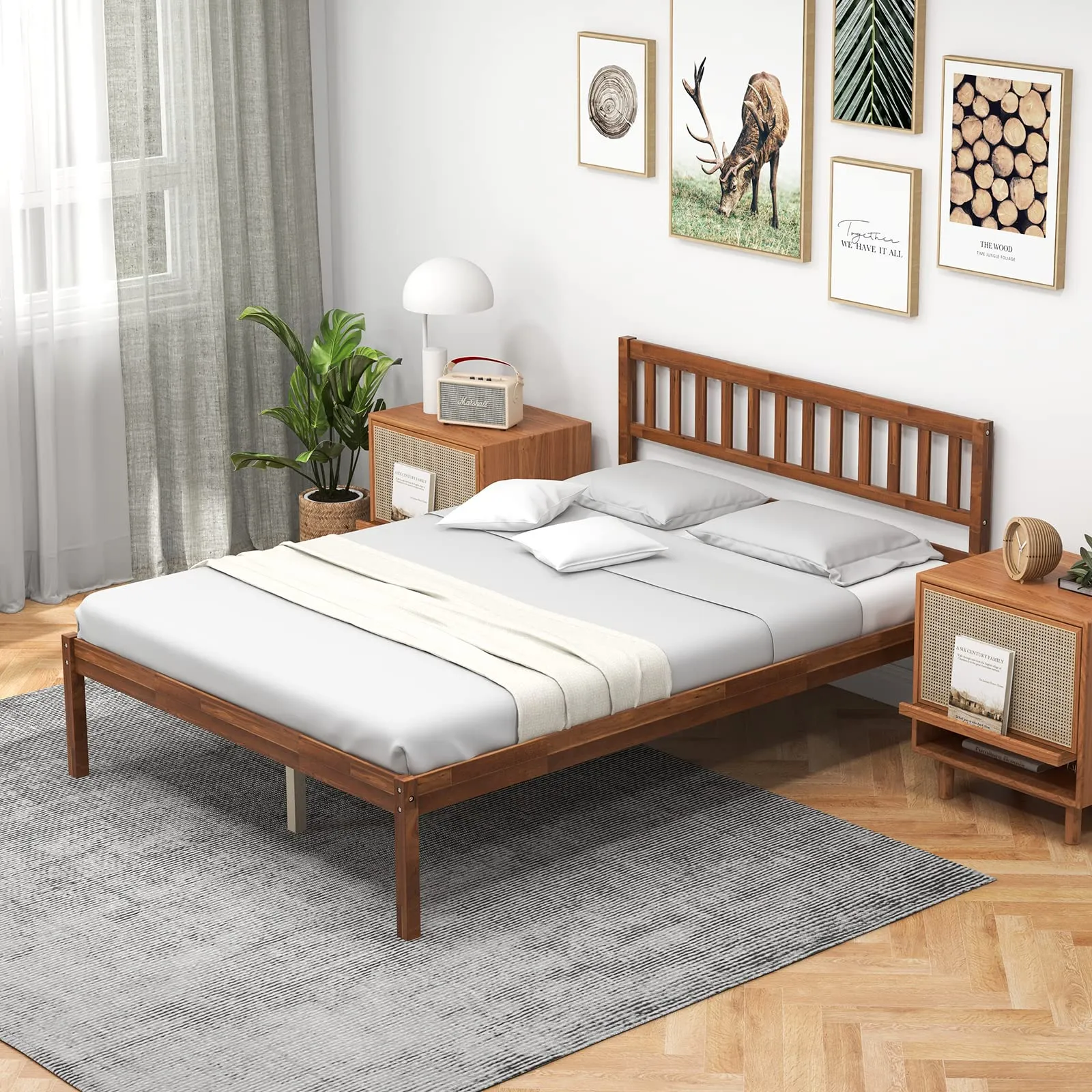 Giantex Wood Bed Frame with Headboard, Mid Century Platform Bed with Wood Slat Support, Walnut