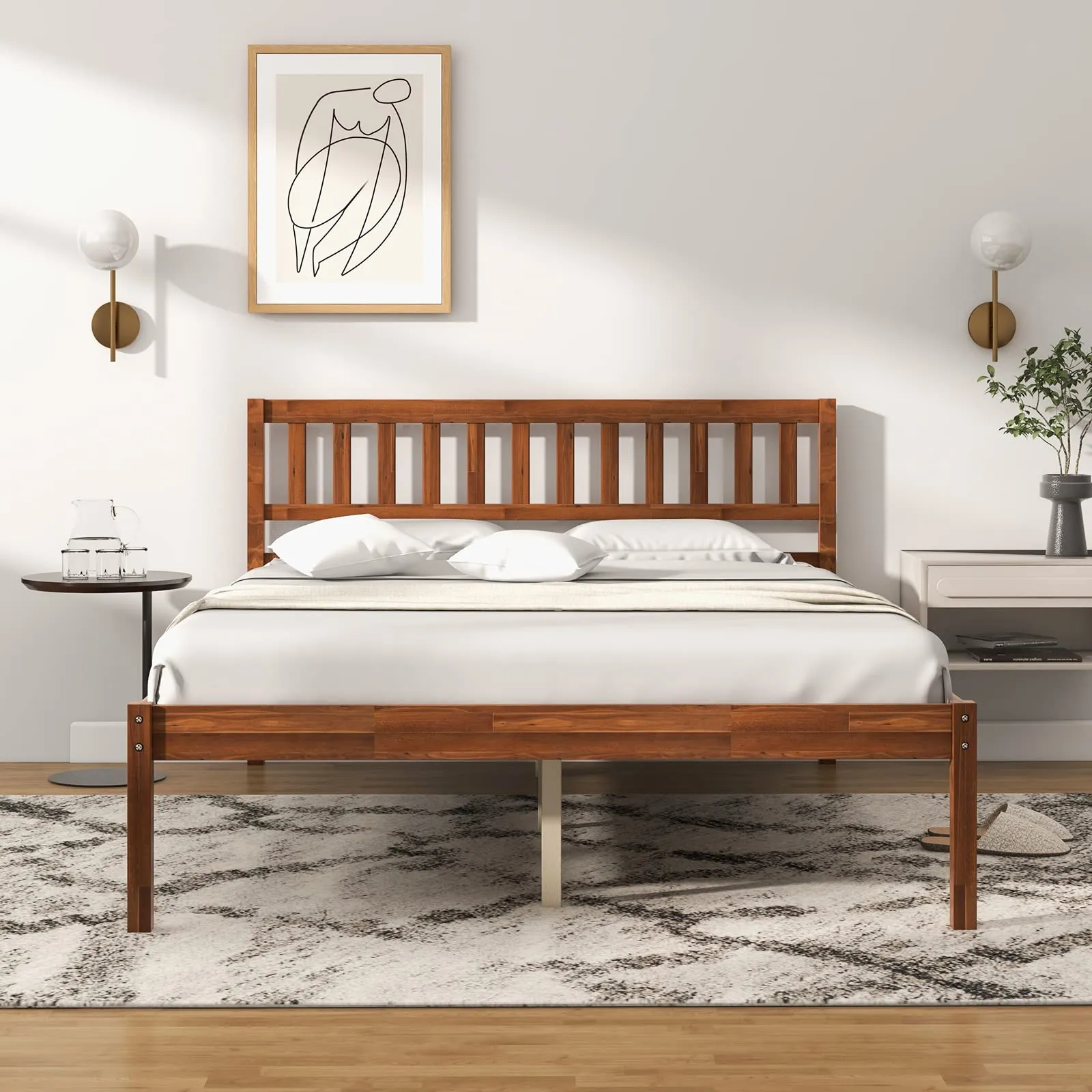 Giantex Wood Bed Frame with Headboard, Mid Century Platform Bed with Wood Slat Support, Walnut bed frame, queen bed