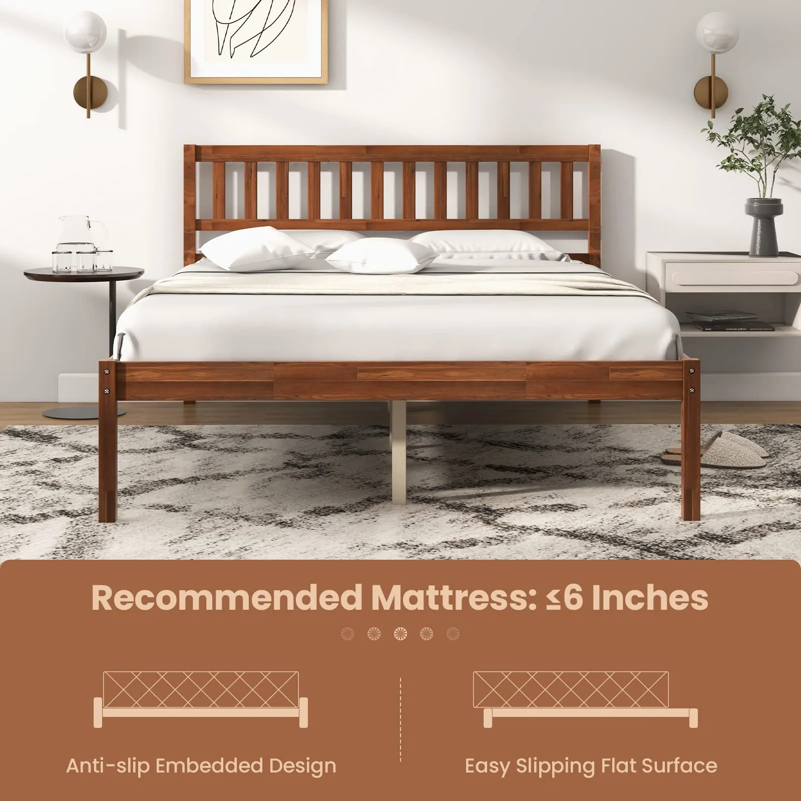 Giantex Wood Bed Frame with Headboard, Mid Century Platform Bed with Wood Slat Support, Walnut