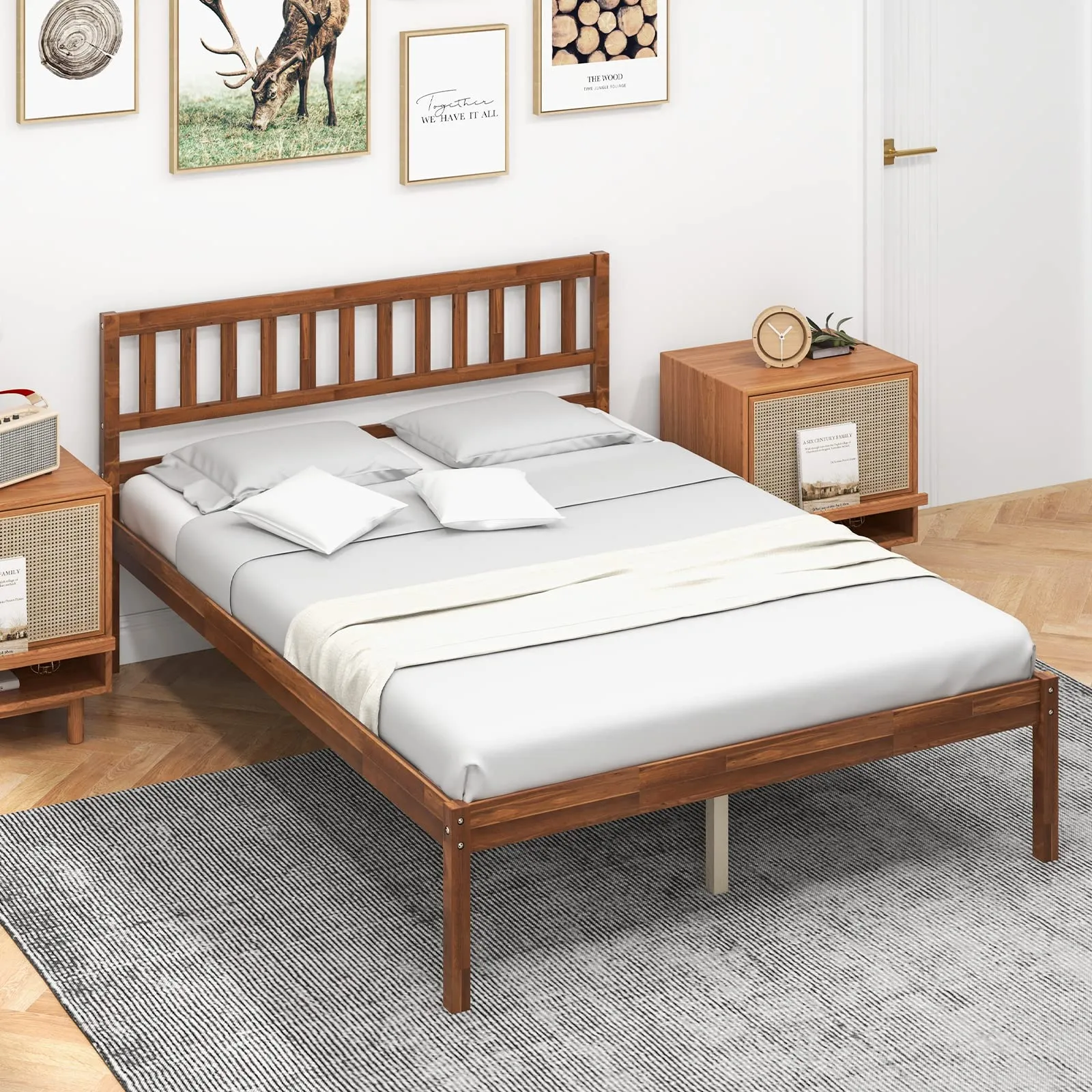 Giantex Wood Bed Frame with Headboard, Mid Century Platform Bed with Wood Slat Support, Walnut