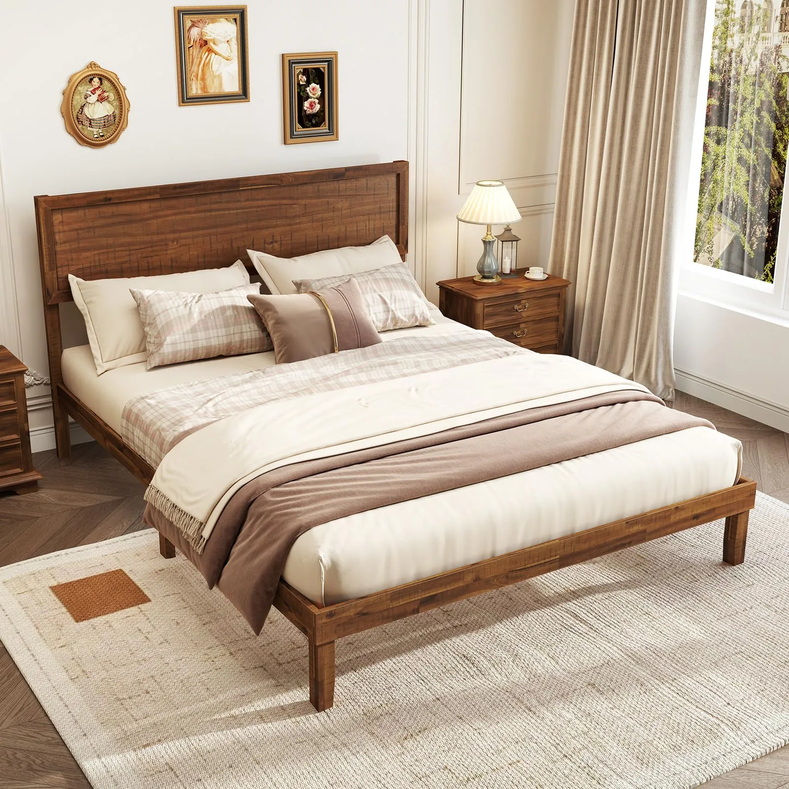 Giantex Wood Bed Frames with Headboard, Mid Century Modern Platform Bed