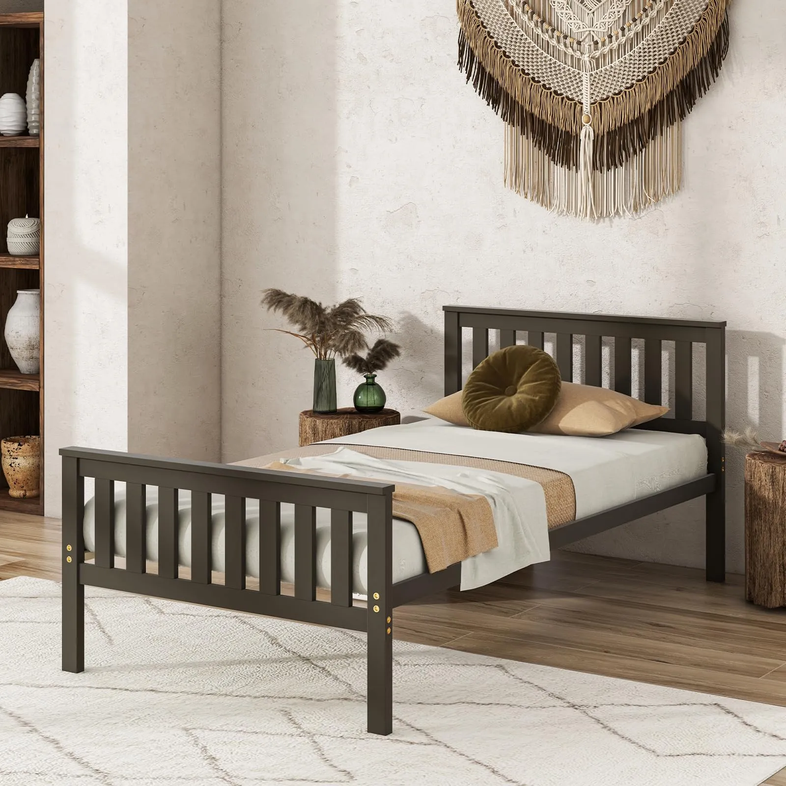 Giantex Wood Bed Frames with Headboard, Mid Century Platform Bed with Wooden Slats Support
