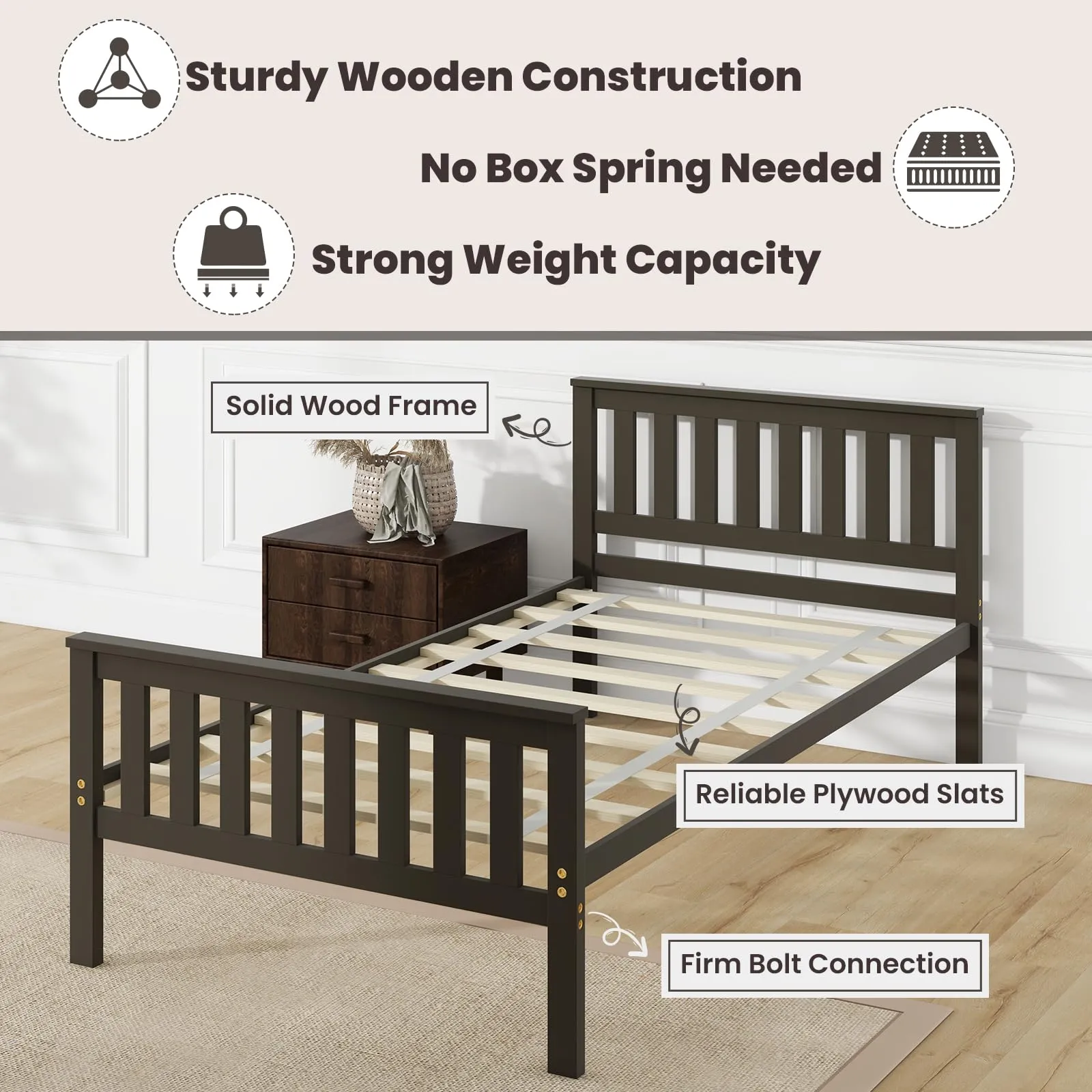 Giantex Wood Bed Frames with Headboard, Mid Century Platform Bed with Wooden Slats Support