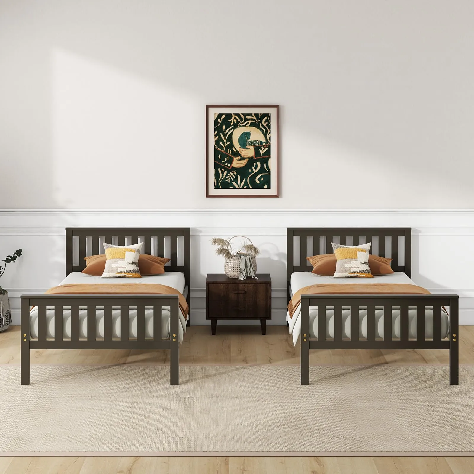 Giantex Wood Bed Frames with Headboard, Mid Century Platform Bed with Wooden Slats Support