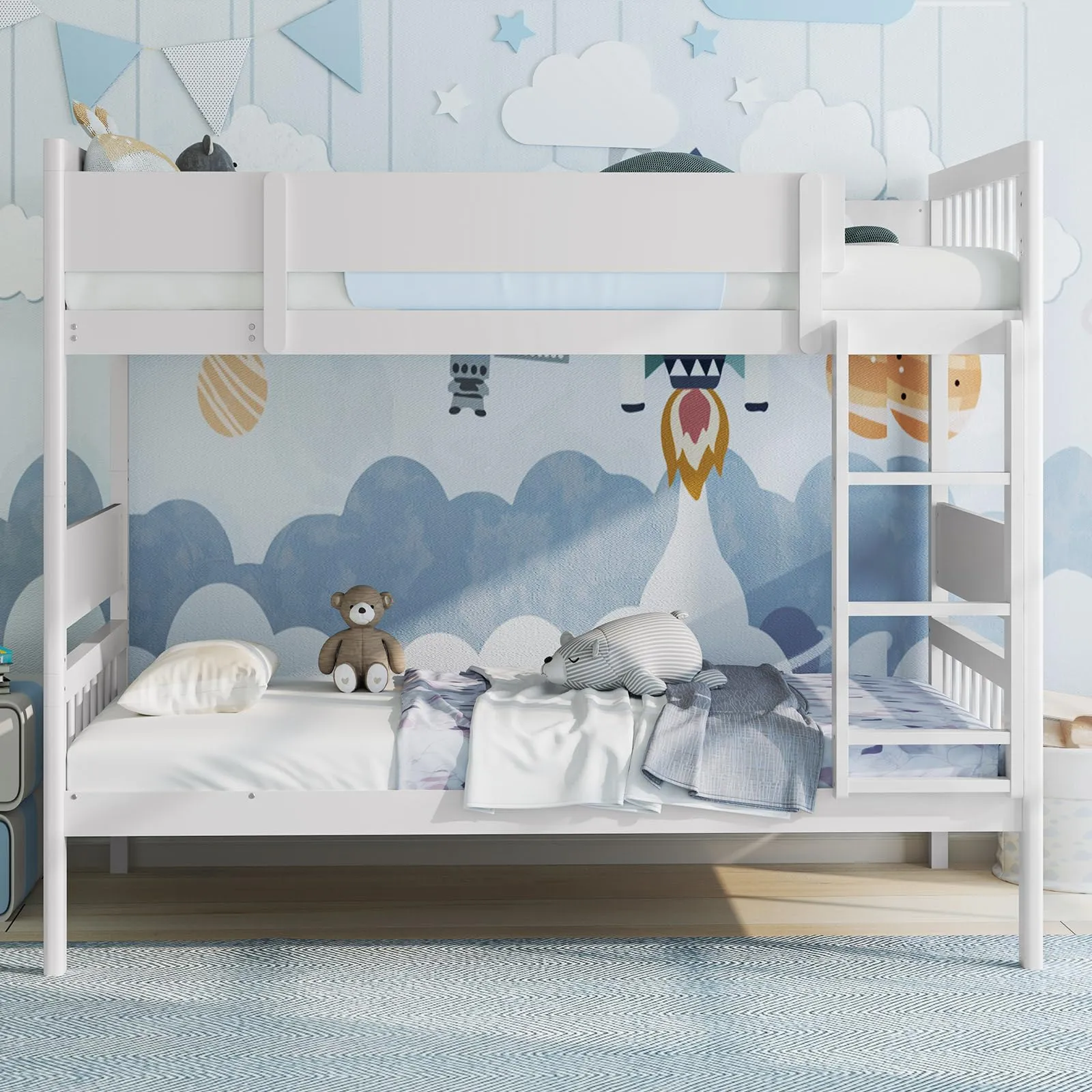 Giantex Wood Bunk Bed Twin Over Twin, Solid Wood Bunk Bed Frame with Ladder & Safety Guardrails
