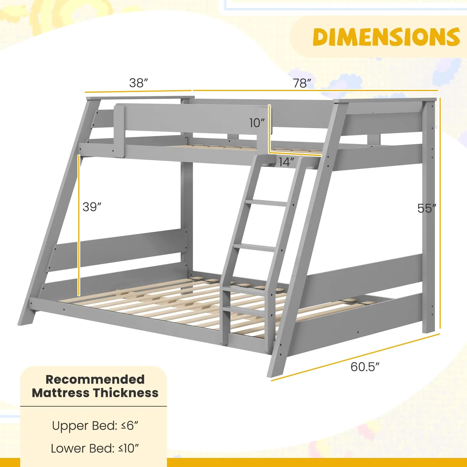 Giantex Wood Bunk Beds Twin Over Full Size, Solid Wood Floor Low Bunk Bed w/Removable Ladder