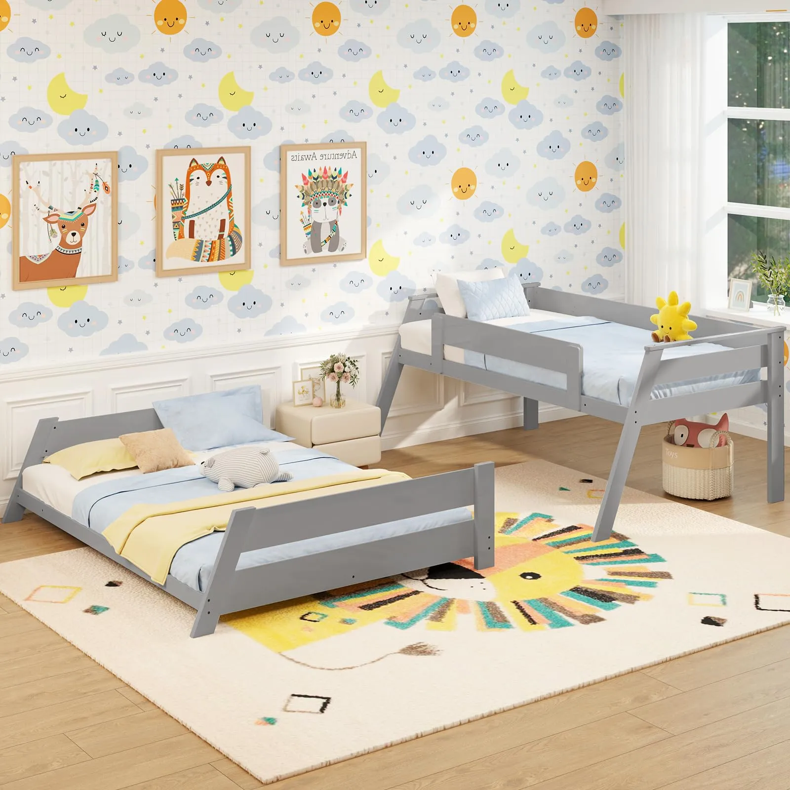 Giantex Wood Bunk Beds Twin Over Full Size, Solid Wood Floor Low Bunk Bed w/Removable Ladder