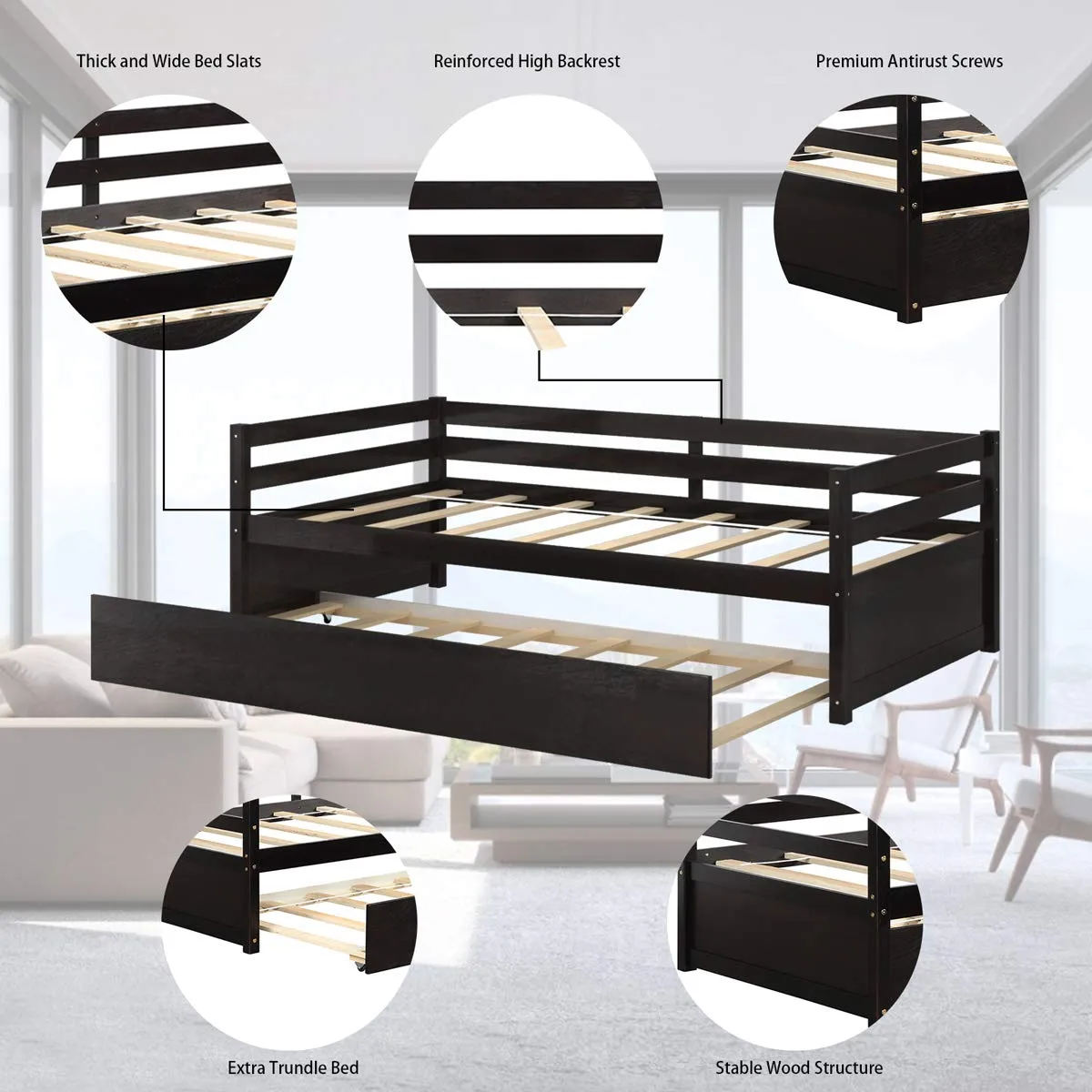 Giantex Wood Daybed with a Trundle, Twin Trundle Daybed with Durable Slat Support