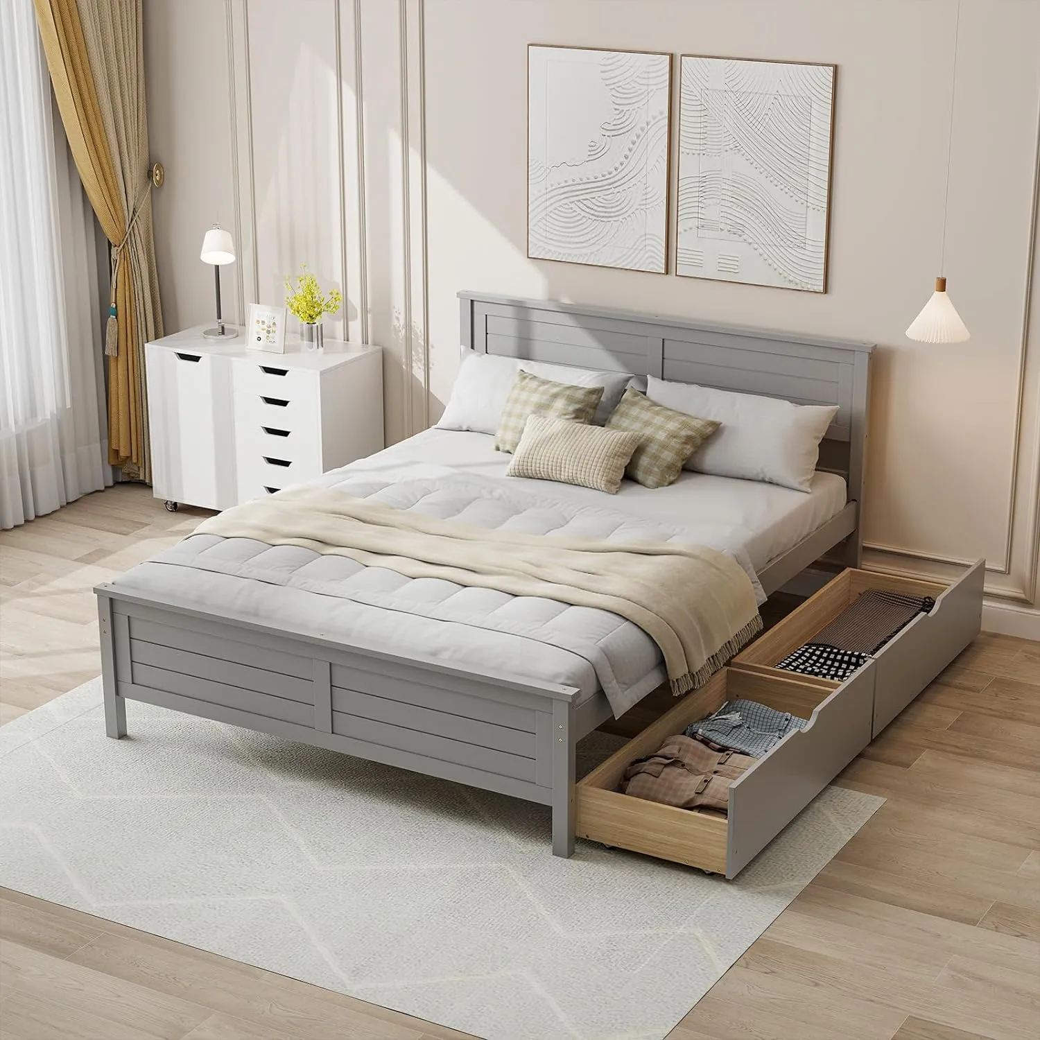 Giantex Wood Full Size Bed Frame with 2 Storage Drawers, Solid Wood Platform Bed with Headboard