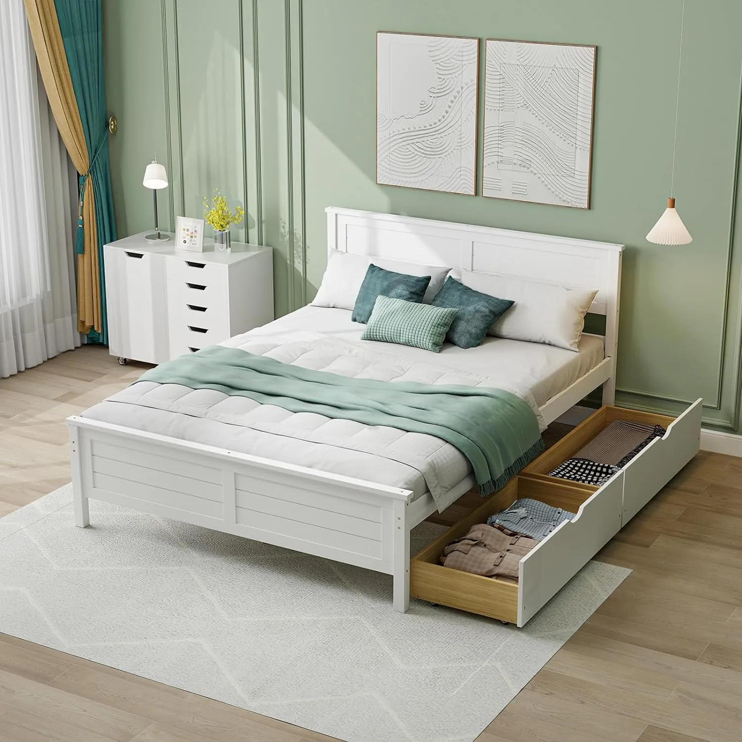 Giantex Wood Full Size Bed Frame with 2 Storage Drawers, Solid Wood Platform Bed with Headboard