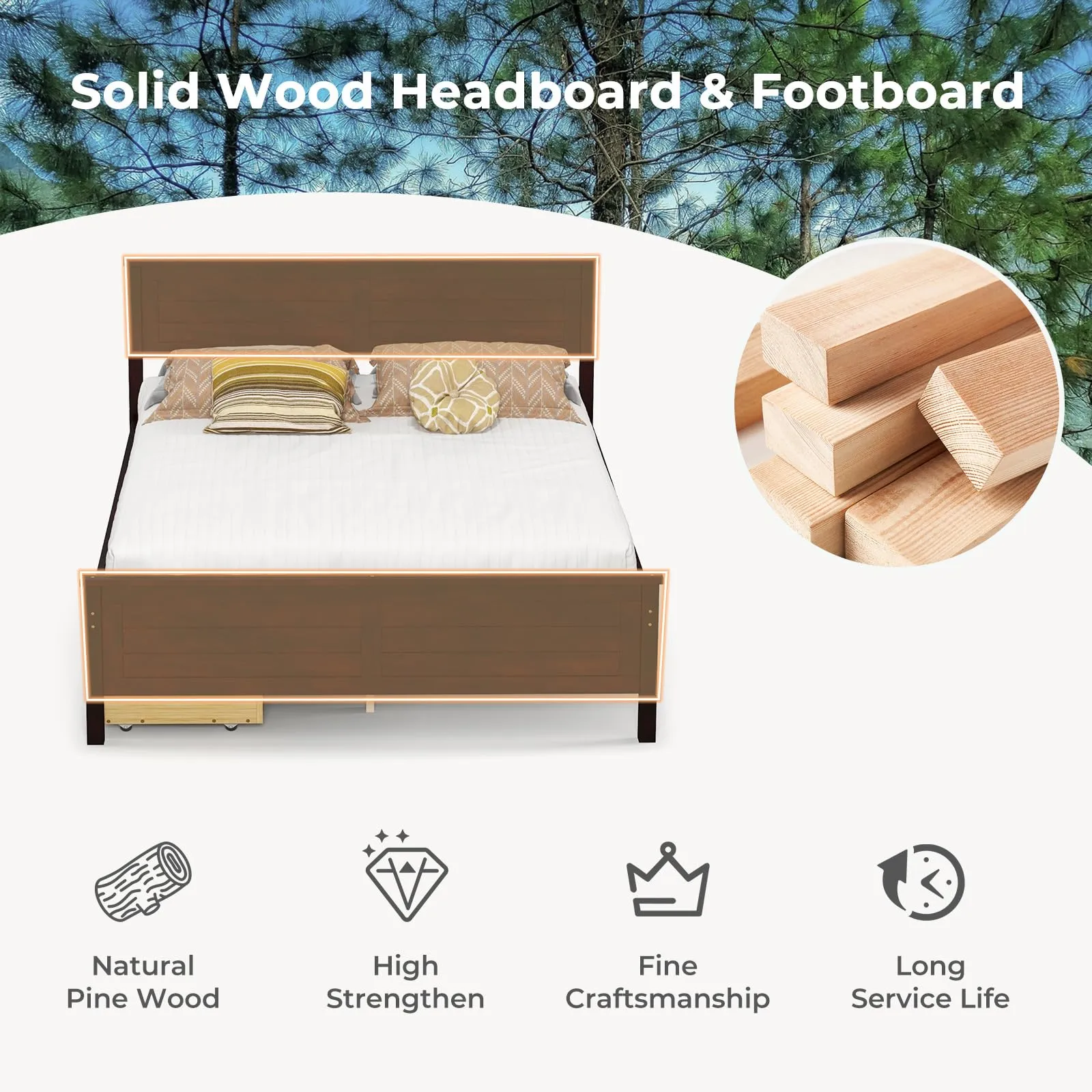 Giantex Wood Full Size Bed Frame with 2 Storage Drawers, Solid Wood Platform Bed with Headboard