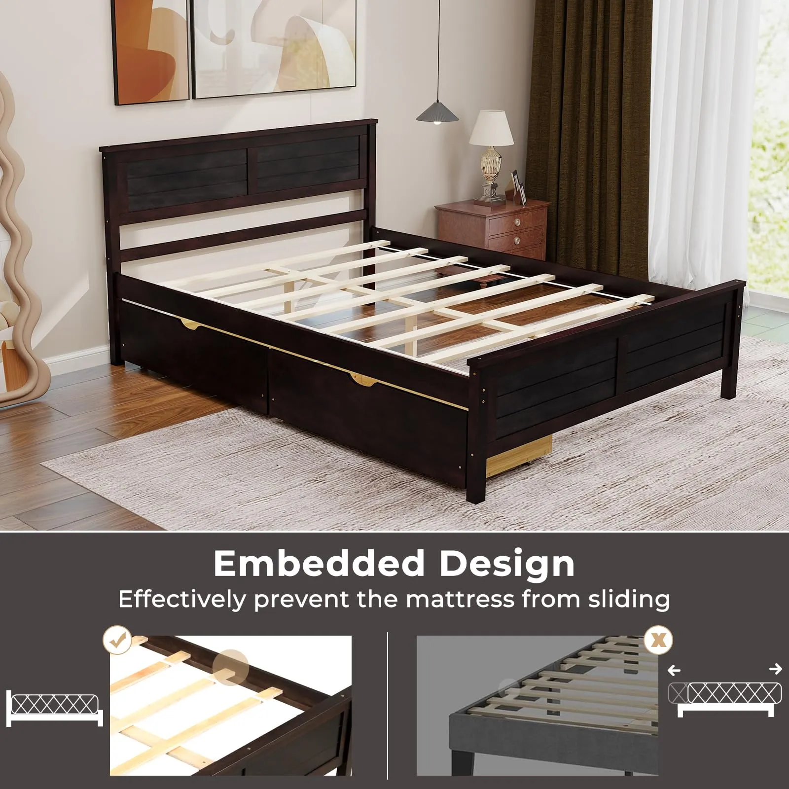Giantex Wood Full Size Bed Frame with 2 Storage Drawers, Solid Wood Platform Bed with Headboard