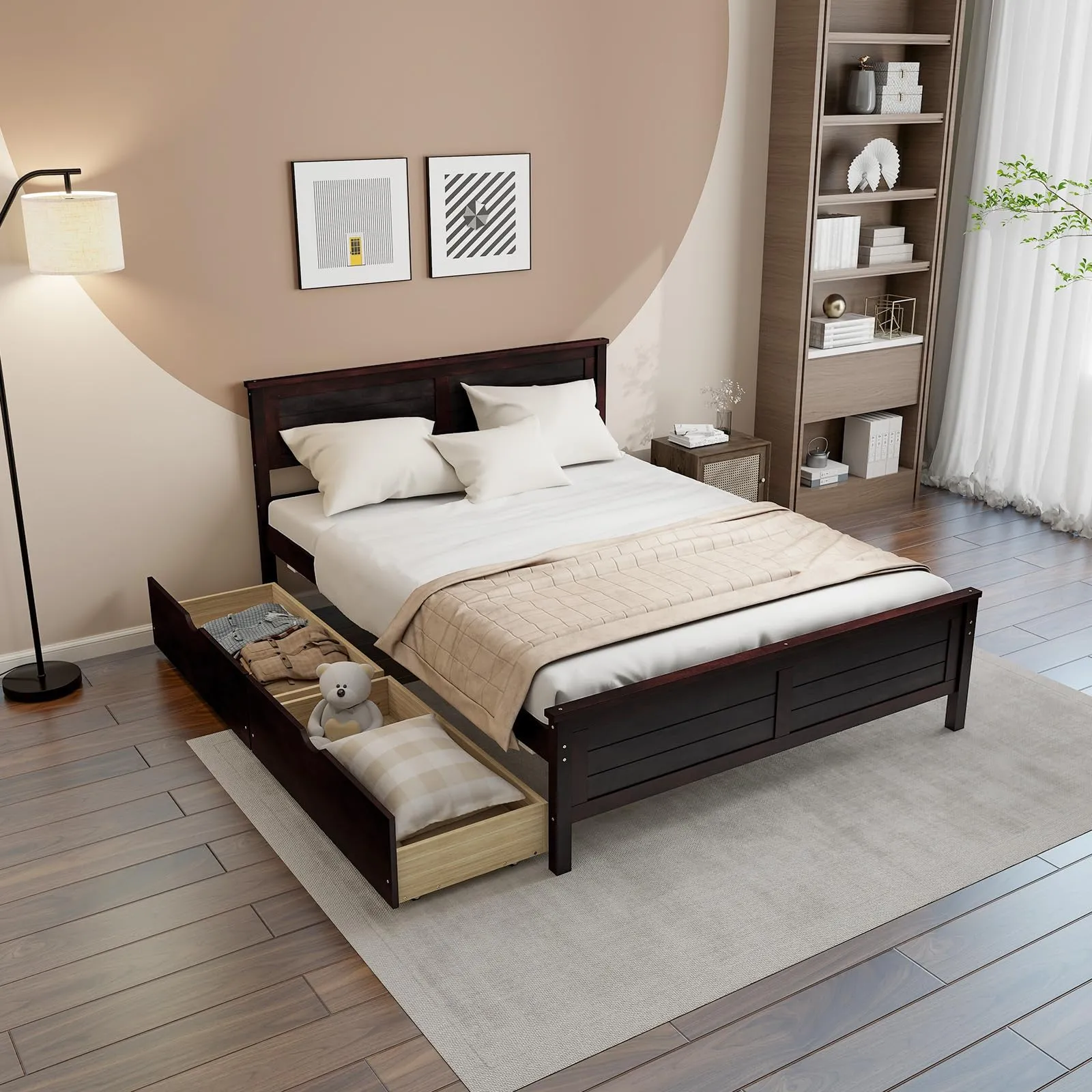 Giantex Wood Full Size Bed Frame with 2 Storage Drawers, Solid Wood Platform Bed with Headboard