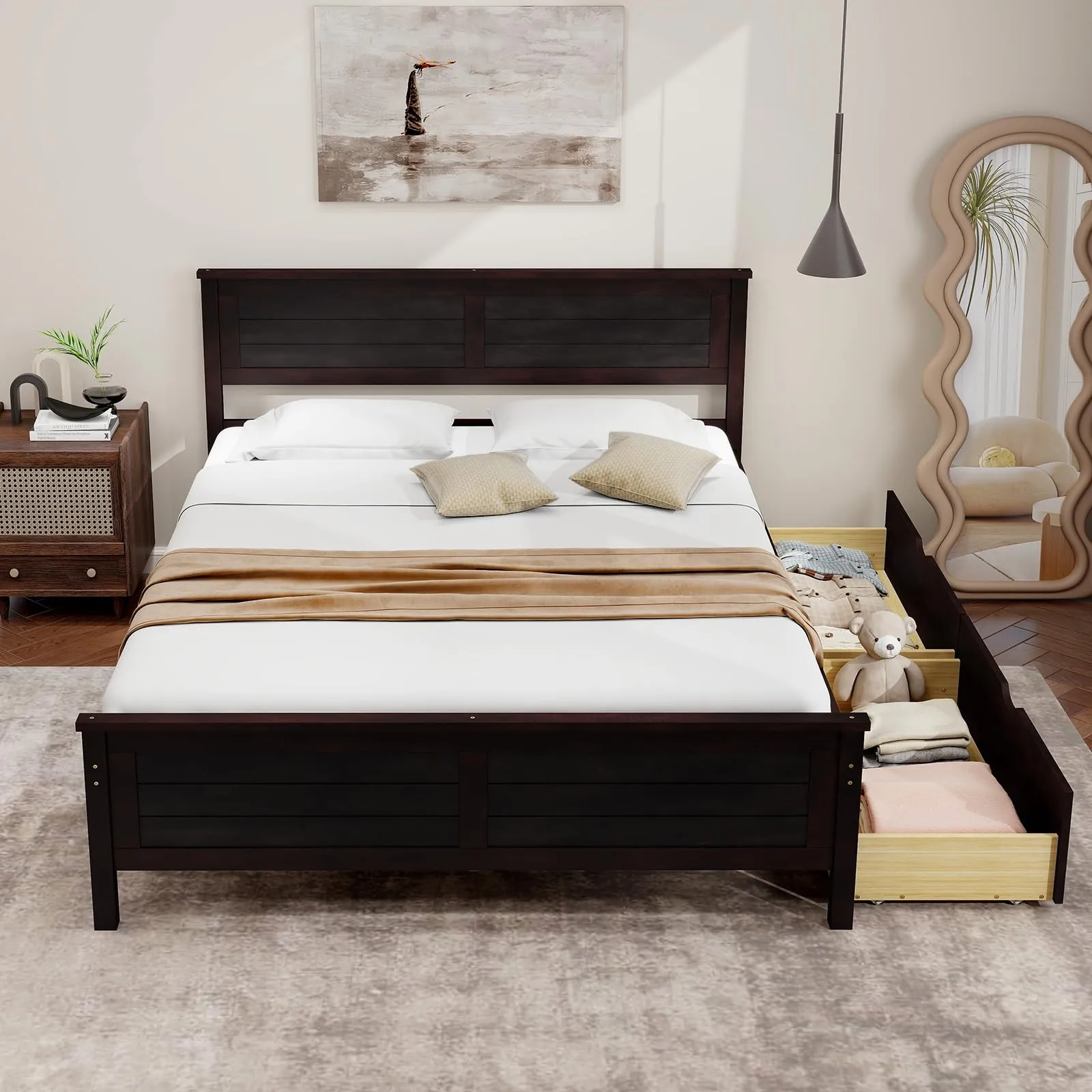 Giantex Wood Full Size Bed Frame with 2 Storage Drawers, Solid Wood Platform Bed with Headboard