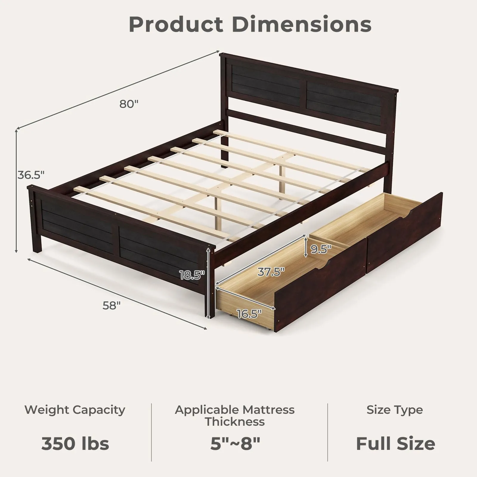 Giantex Wood Full Size Bed Frame with 2 Storage Drawers, Solid Wood Platform Bed with Headboard