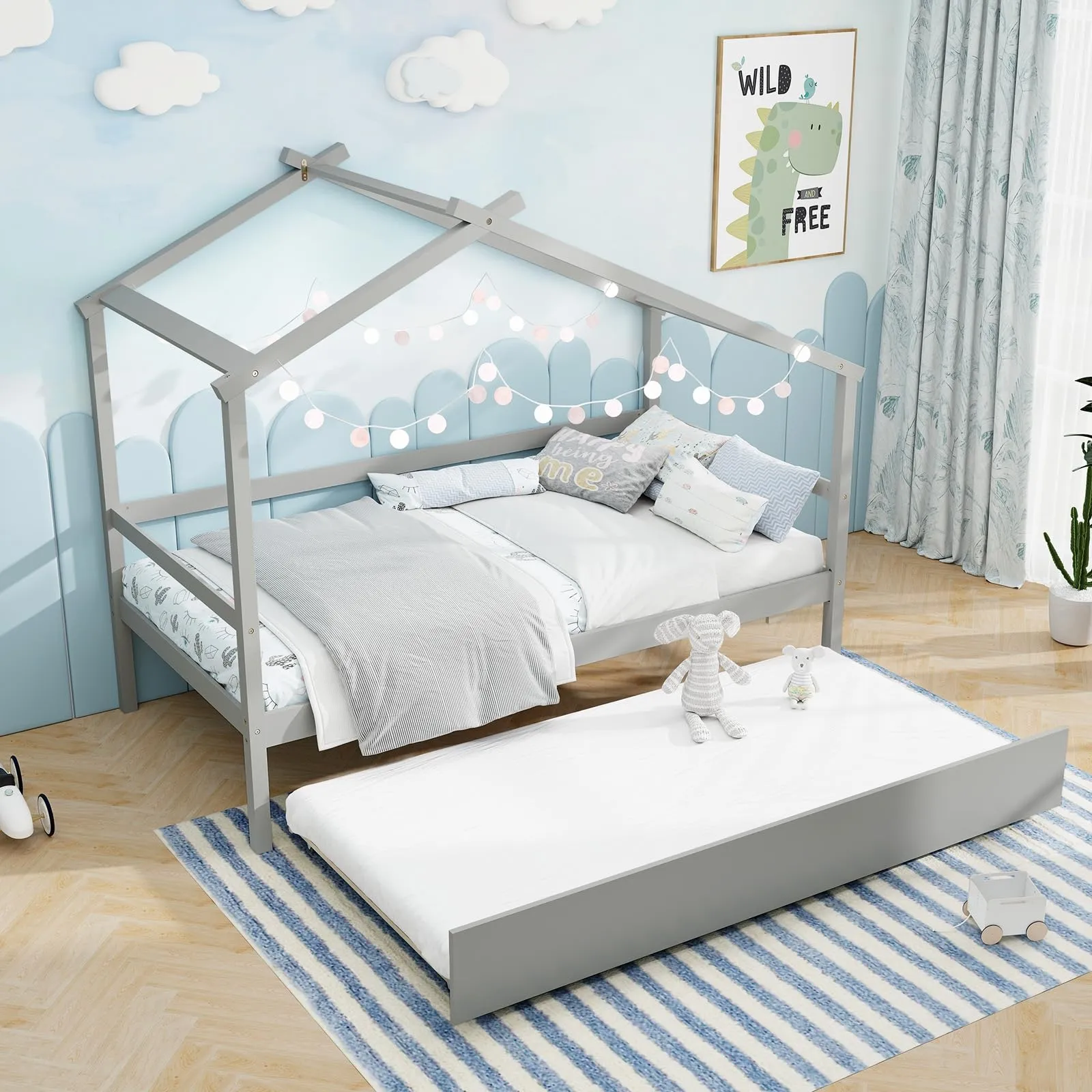 Giantex Wood House Bed for Kids, Twin Bed Frame with Trundle Bed Twin bed frame, queen bed
