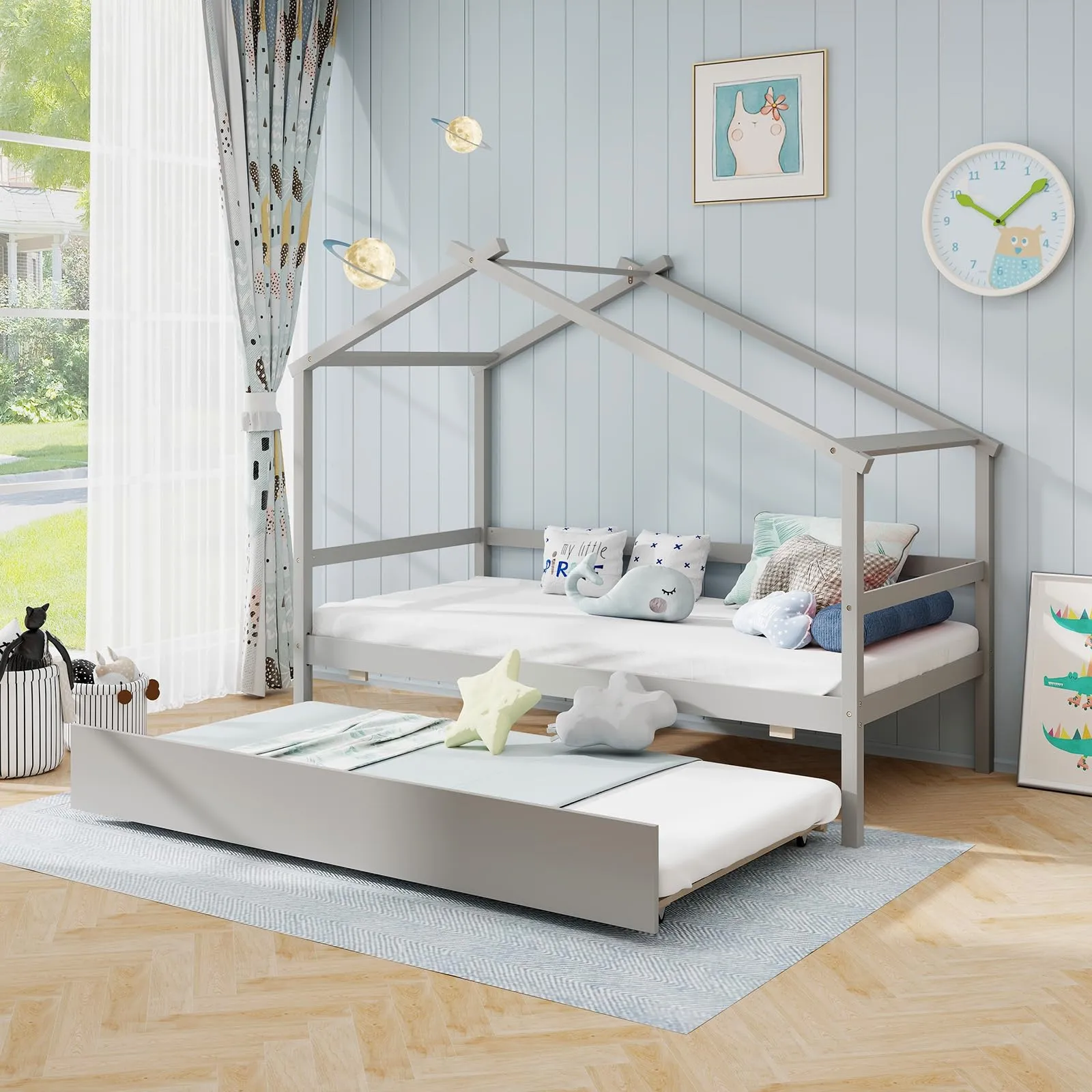 Giantex Wood House Bed for Kids, Twin Bed Frame with Trundle Bed Twin