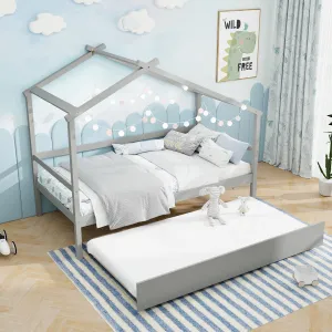 Giantex Wood House Bed for Kids, Twin Bed Frame with Trundle Bed Twin bed frame, queen bed