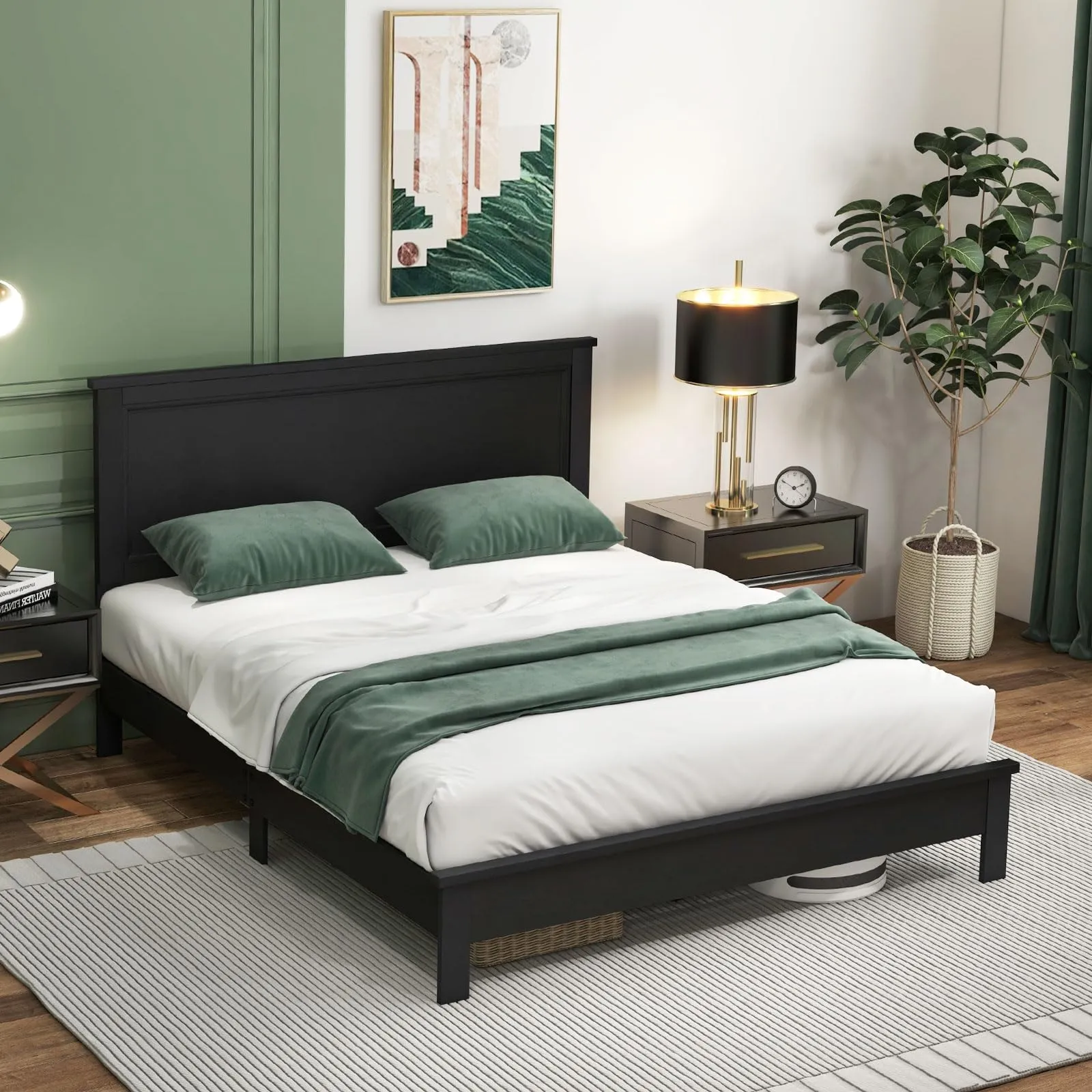 Giantex Wood Platform Bed Frame with Headboard, Mid Century Bed Frame with Solid Wood Legs & Wooden Slat Support bed frame, queen bed