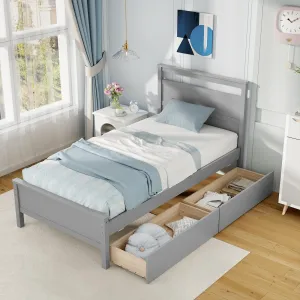 Giantex Wood Twin Bed with 2 Storage Drawers, Solid Wood Platform Bed with Headboard bed frame, queen bed
