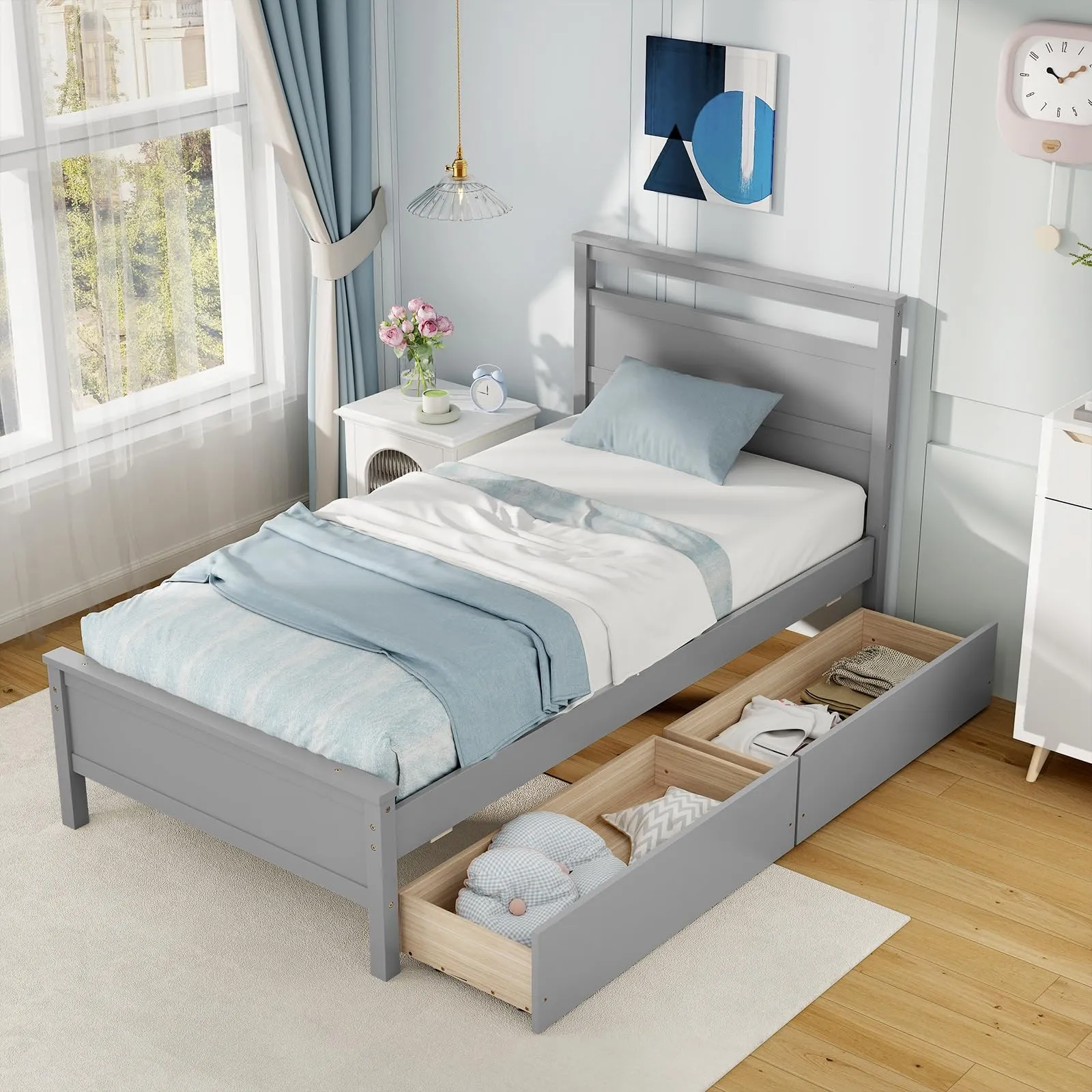 Giantex Wood Twin Bed with 2 Storage Drawers, Solid Wood Platform Bed with Headboard bed frame, queen bed