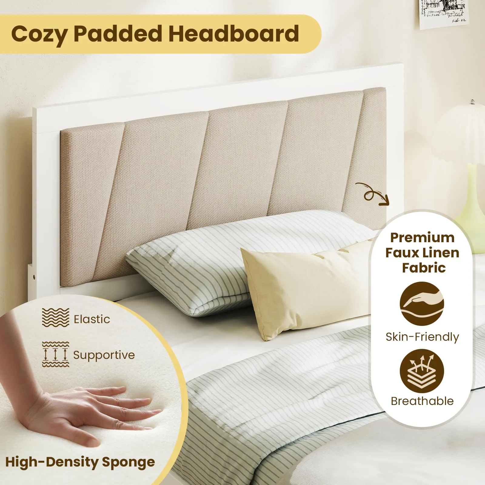 Giantex Wood Twin Bed with 2 Storage Drawers, Solid Wood Platform Bed with Upholstered Headboard