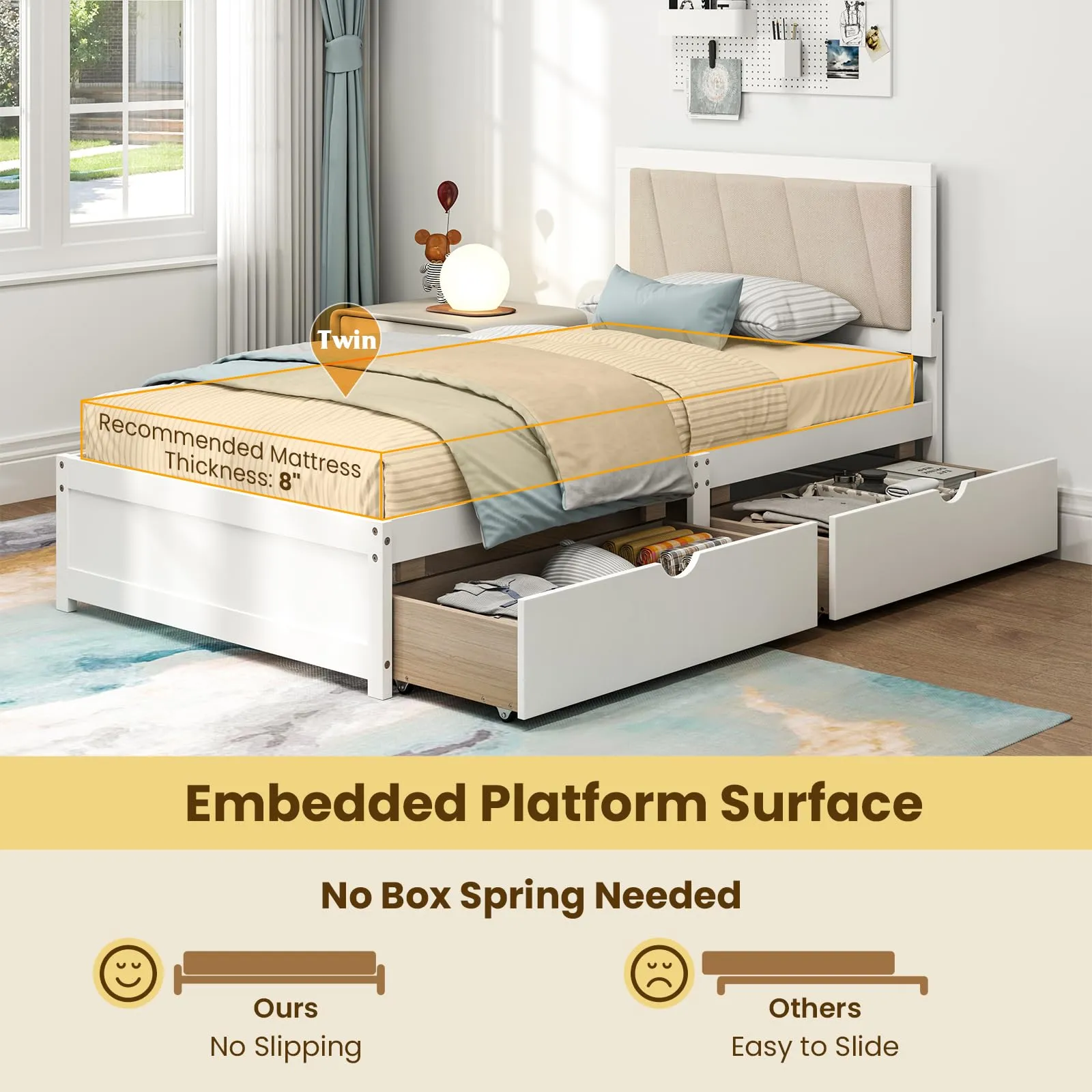 Giantex Wood Twin Bed with 2 Storage Drawers, Solid Wood Platform Bed with Upholstered Headboard