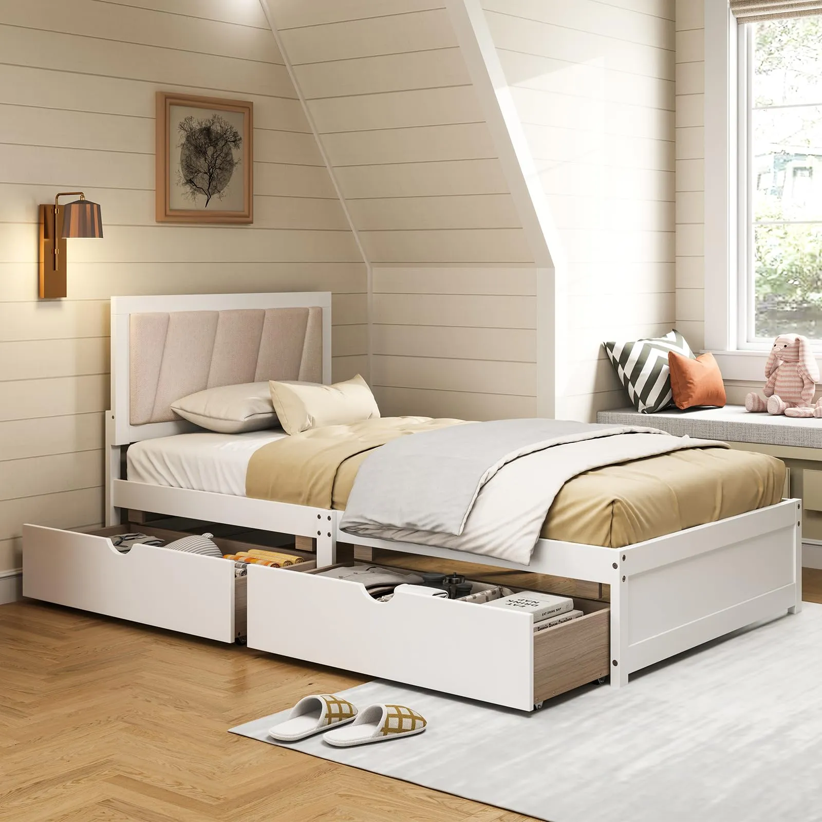 Giantex Wood Twin Bed with 2 Storage Drawers, Solid Wood Platform Bed with Upholstered Headboard