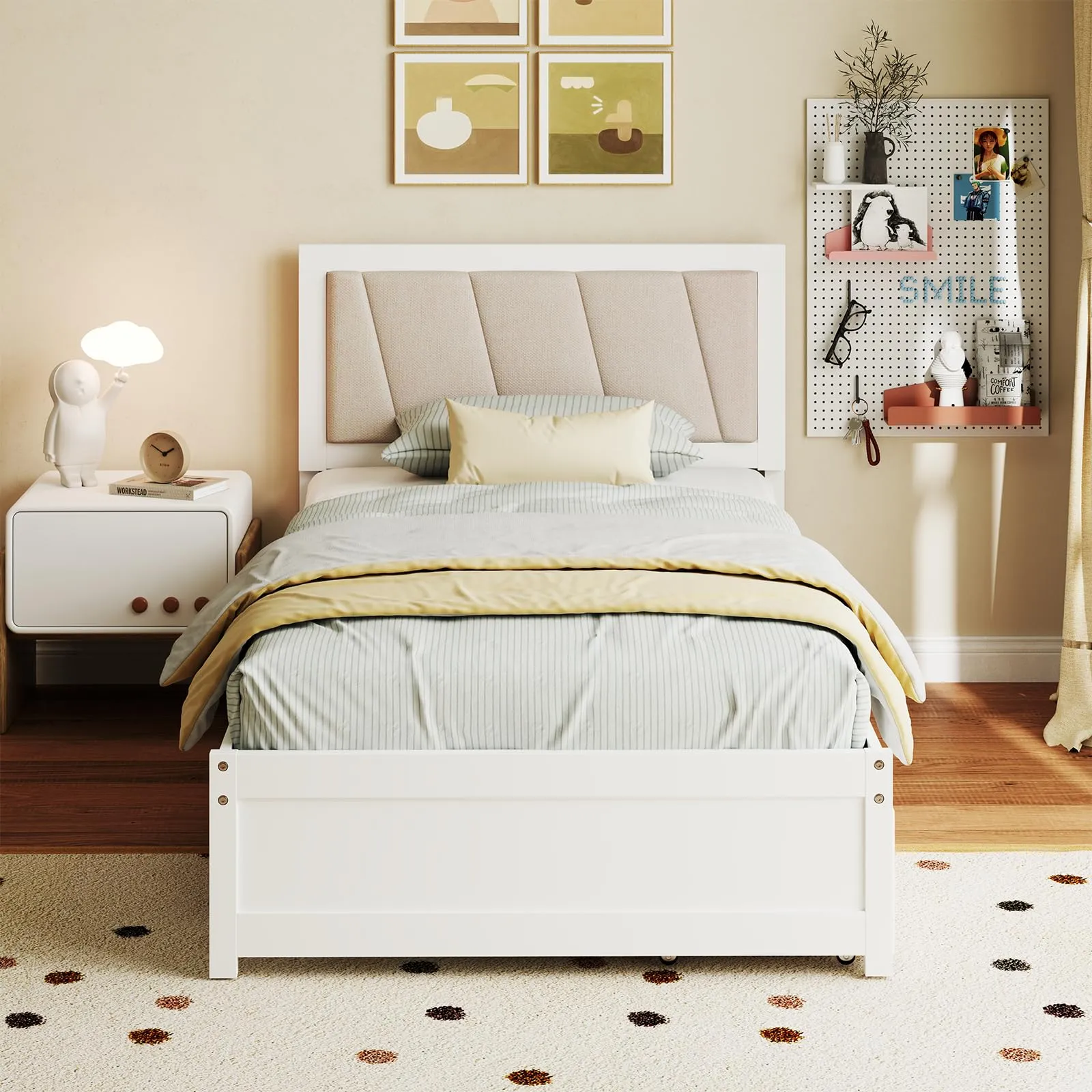 Giantex Wood Twin Bed with 2 Storage Drawers, Solid Wood Platform Bed with Upholstered Headboard