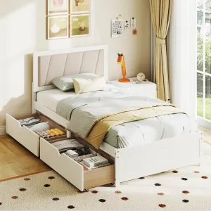 Giantex Wood Twin Bed with 2 Storage Drawers, Solid Wood Platform Bed with Upholstered Headboard bed frame, queen bed
