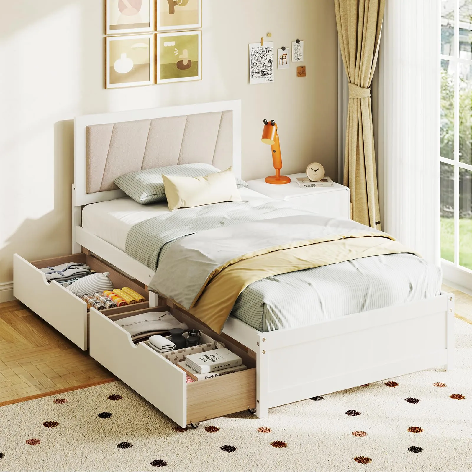 Giantex Wood Twin Bed with 2 Storage Drawers, Solid Wood Platform Bed with Upholstered Headboard bed frame, queen bed