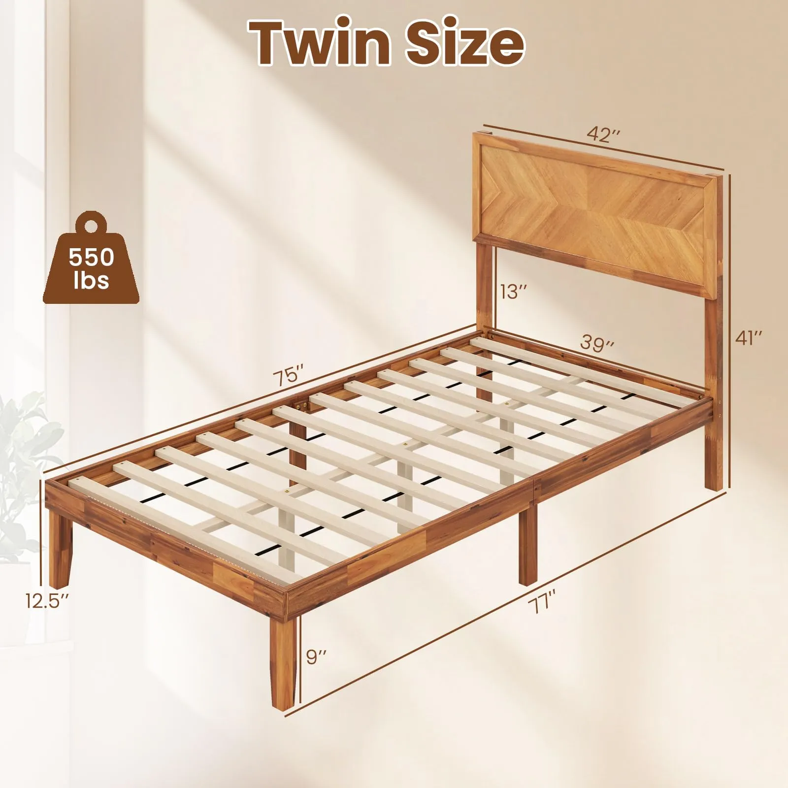Giantex Wood Twin Bed/Full Size Bed/Queen Bed Frames with Headboard, Solid Acacia Wood Platform Bed with 12 Strong Wooden Slat Support