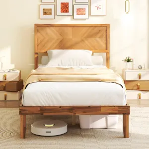 Giantex Wood Twin Bed/Full Size Bed/Queen Bed Frames with Headboard, Solid Acacia Wood Platform Bed with 12 Strong Wooden Slat Support bed frame, queen bed