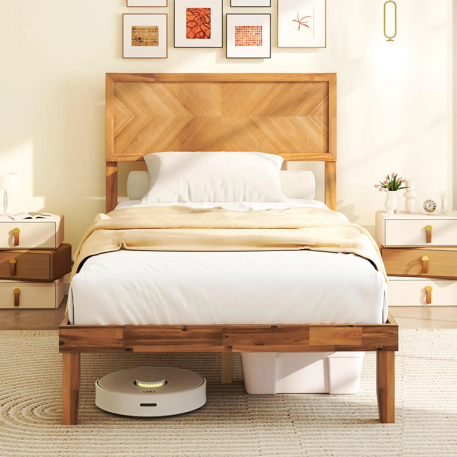 Giantex Wood Twin Bed/Full Size Bed/Queen Bed Frames with Headboard, Solid Acacia Wood Platform Bed with 12 Strong Wooden Slat Support bed frame, queen bed