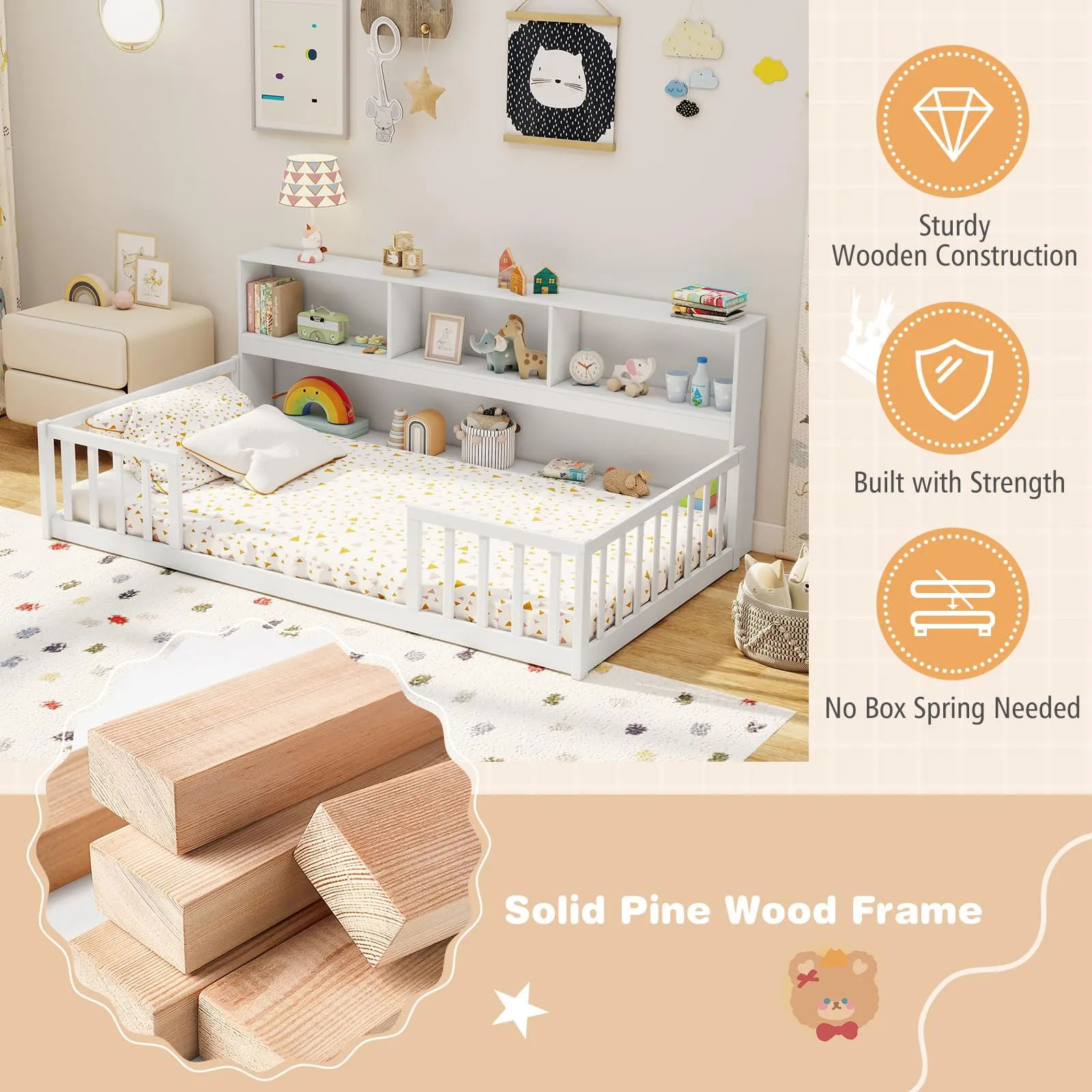 Giantex Wooden Montessori Bed Frame with Bookcase