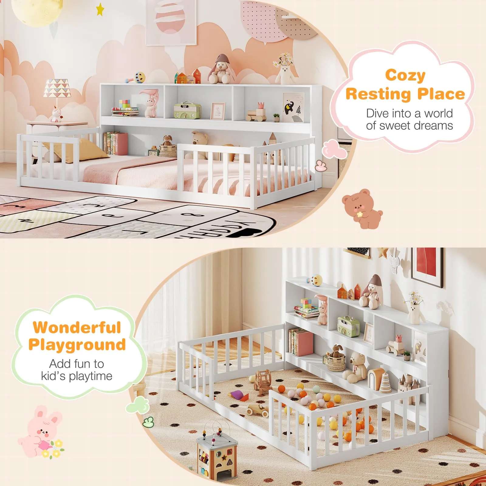Giantex Wooden Montessori Bed Frame with Bookcase