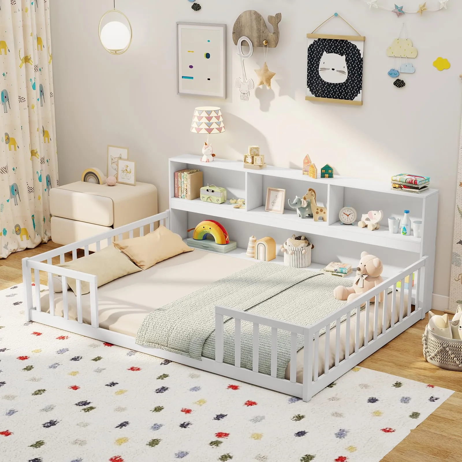 Giantex Wooden Montessori Bed Frame with Bookcase
