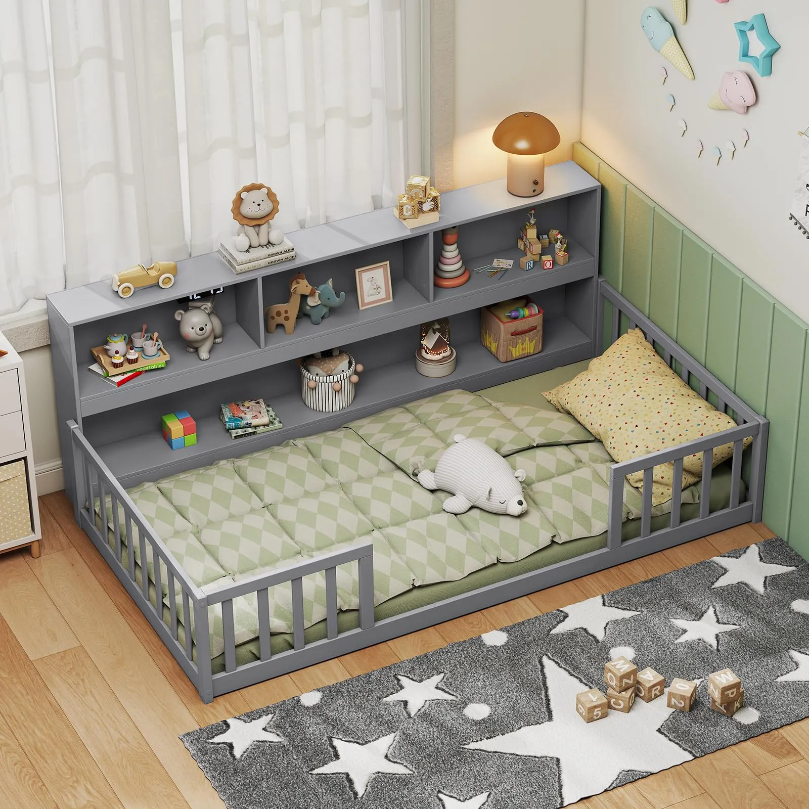 Giantex Wooden Montessori Bed Frame with Bookcase