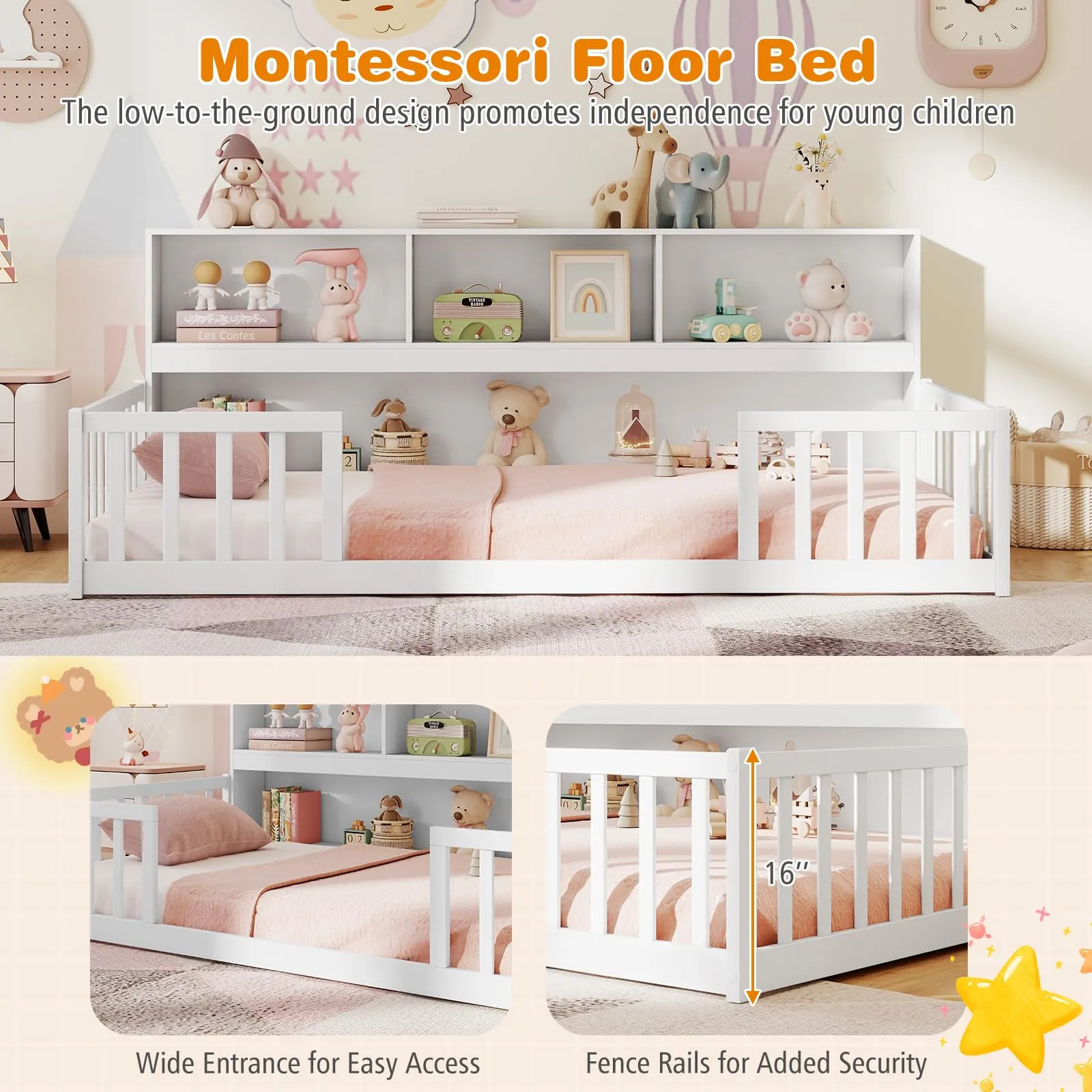 Giantex Wooden Montessori Bed Frame with Bookcase