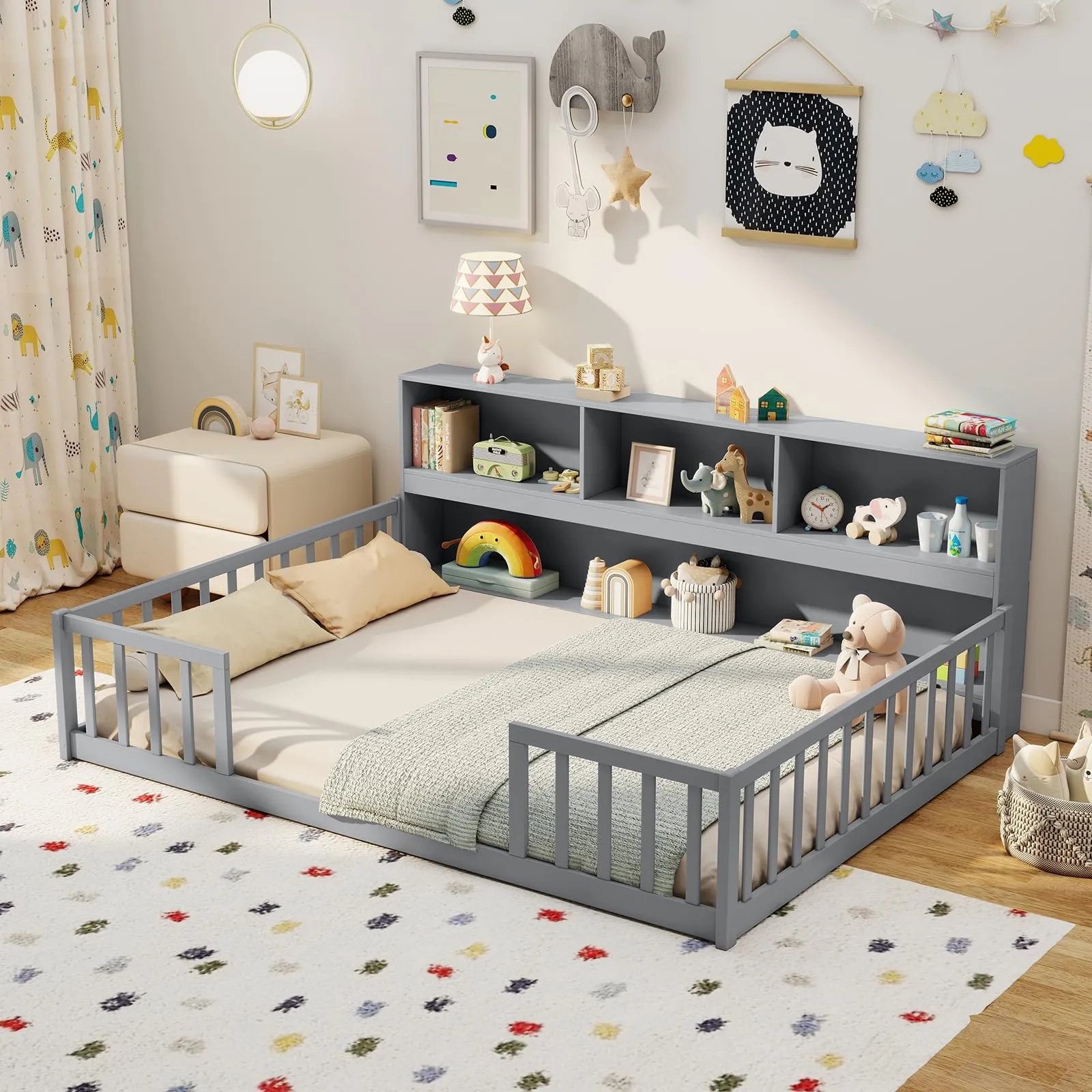 Giantex Wooden Montessori Bed Frame with Bookcase